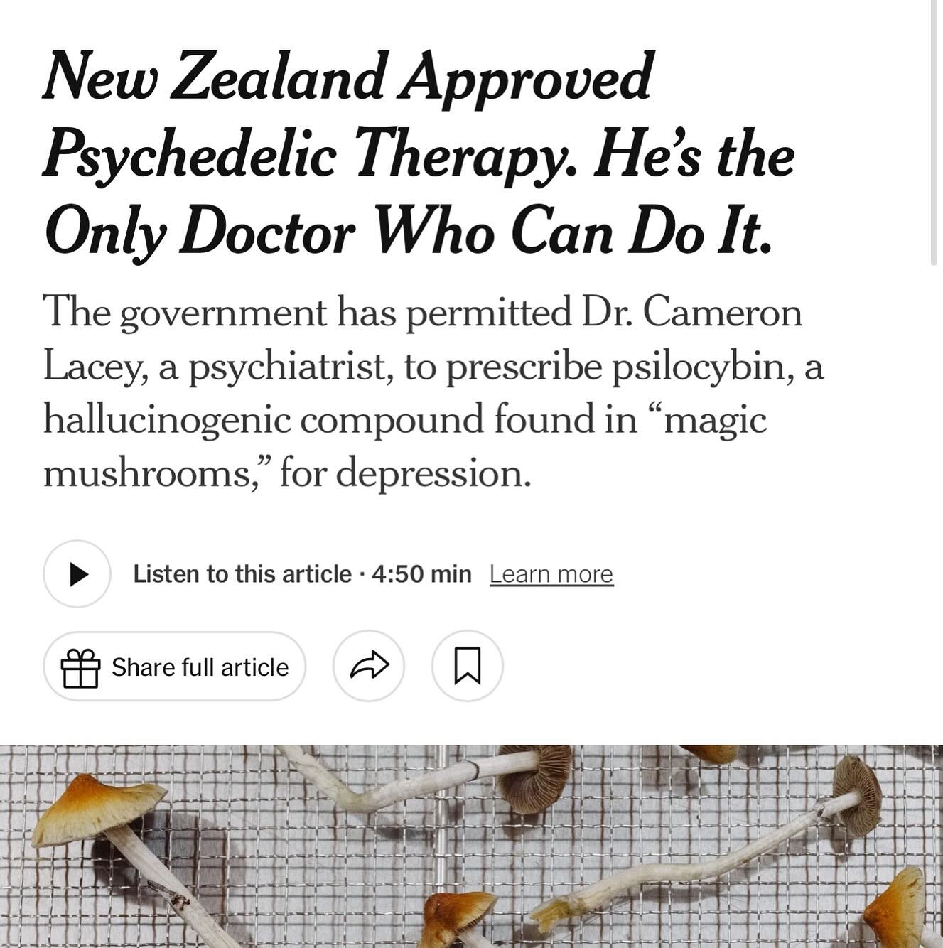 🇳🇿 BREAKING: New Zealand just approved its first psilocybin-assisted therapy, and it&rsquo;s already being prescribed by Dr. Cameron Lacey, a psychiatrist in Christchurch.

This is a historic first for the country and a major win for psychedelic sc