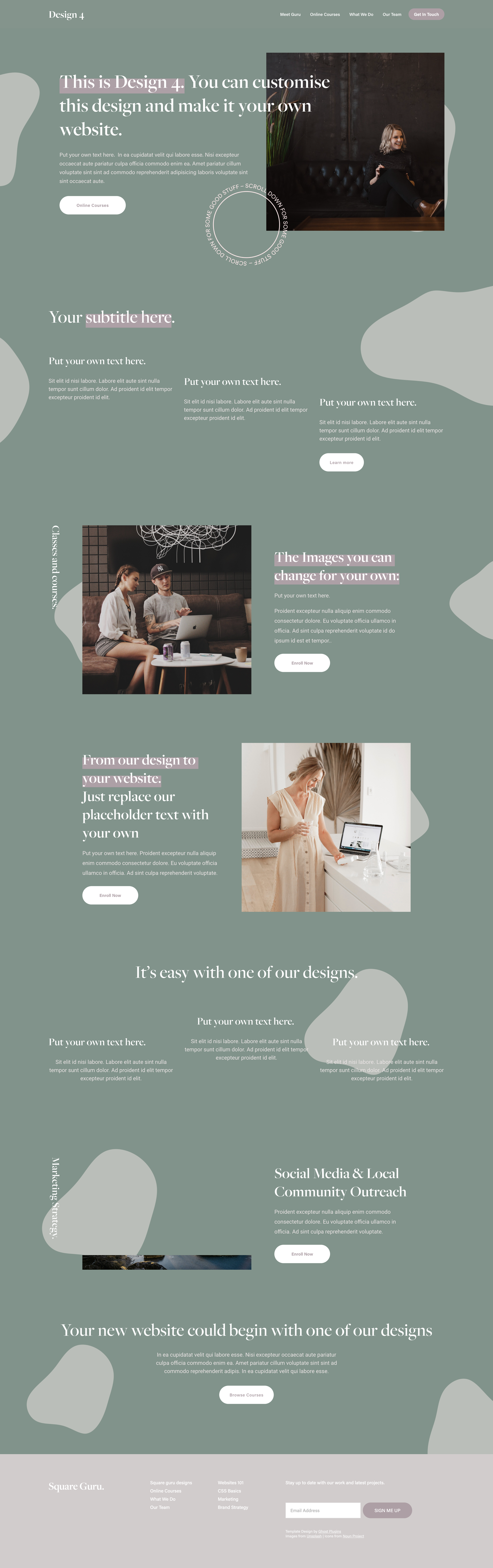 A website homepage for a design company, featuring various sections with images of people working on laptops, text about customizing website designs, and call-to-action buttons, all set against a muted green background with abstract shapes.