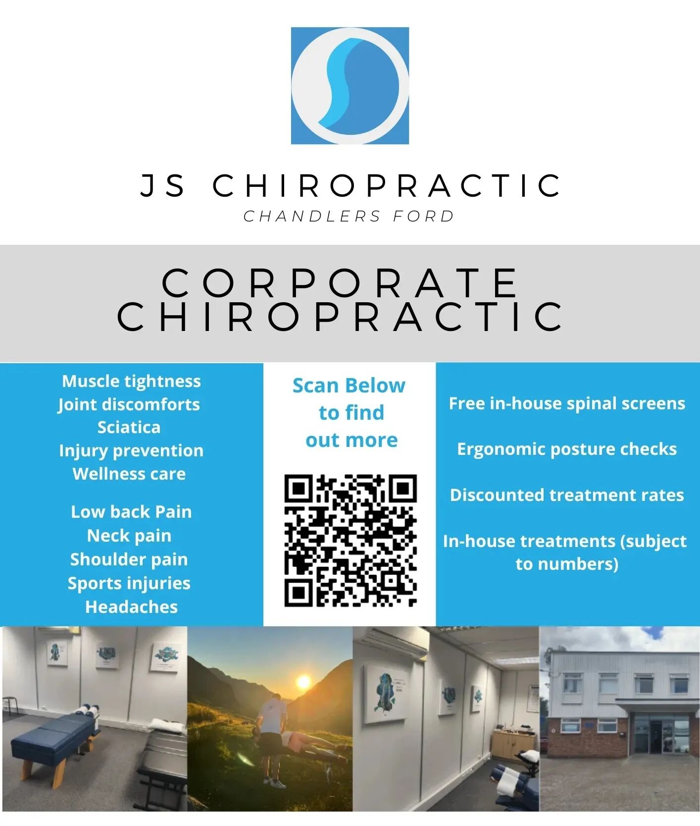 Corporate Chiropractic..

Work for a large company or know someone that owns one?

Take advantage of our corporate business scheme.

This can include a range of benefits such as free inhouse spinal screens, wellbeing talks, and even chiropractic trea