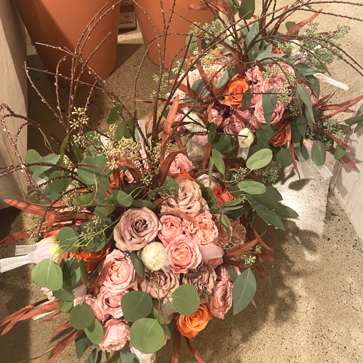 planters ready for transport (some flowers shown with protective mesh)