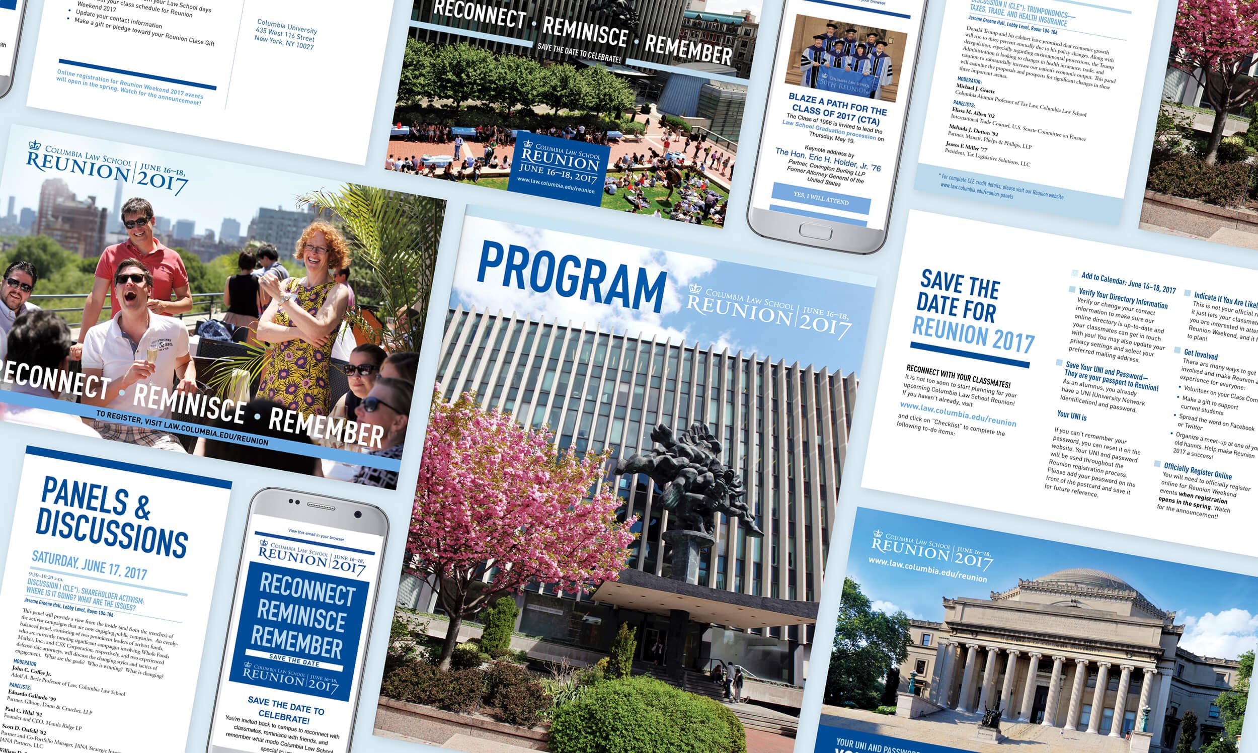 Reunion program, postcards, and emails laid out in an angled grid