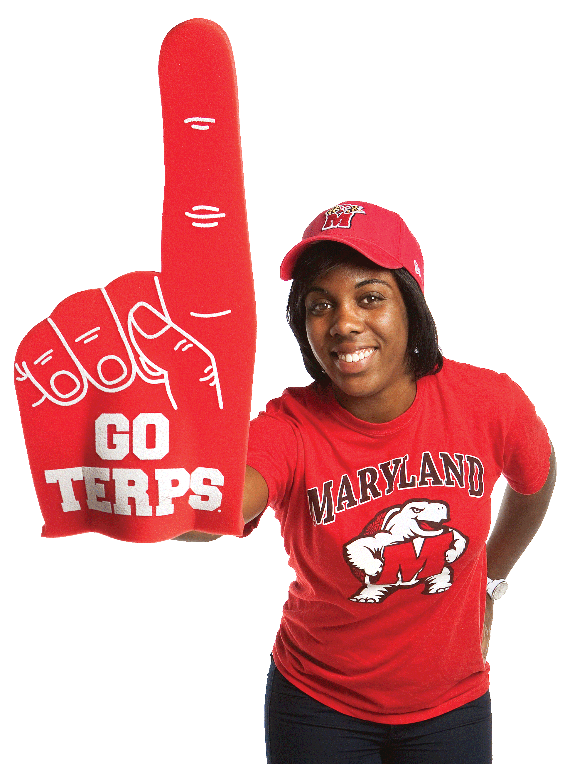 Terp student with celebratory foam finger
