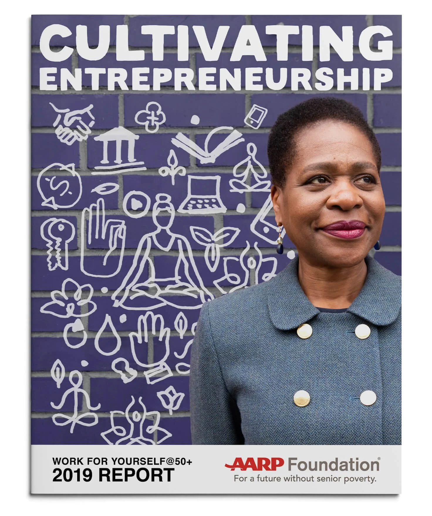 AARP Work for Yourself@50+ 2019 Report cover with a Black woman entrepreneur standing in front of a purple brick wall
