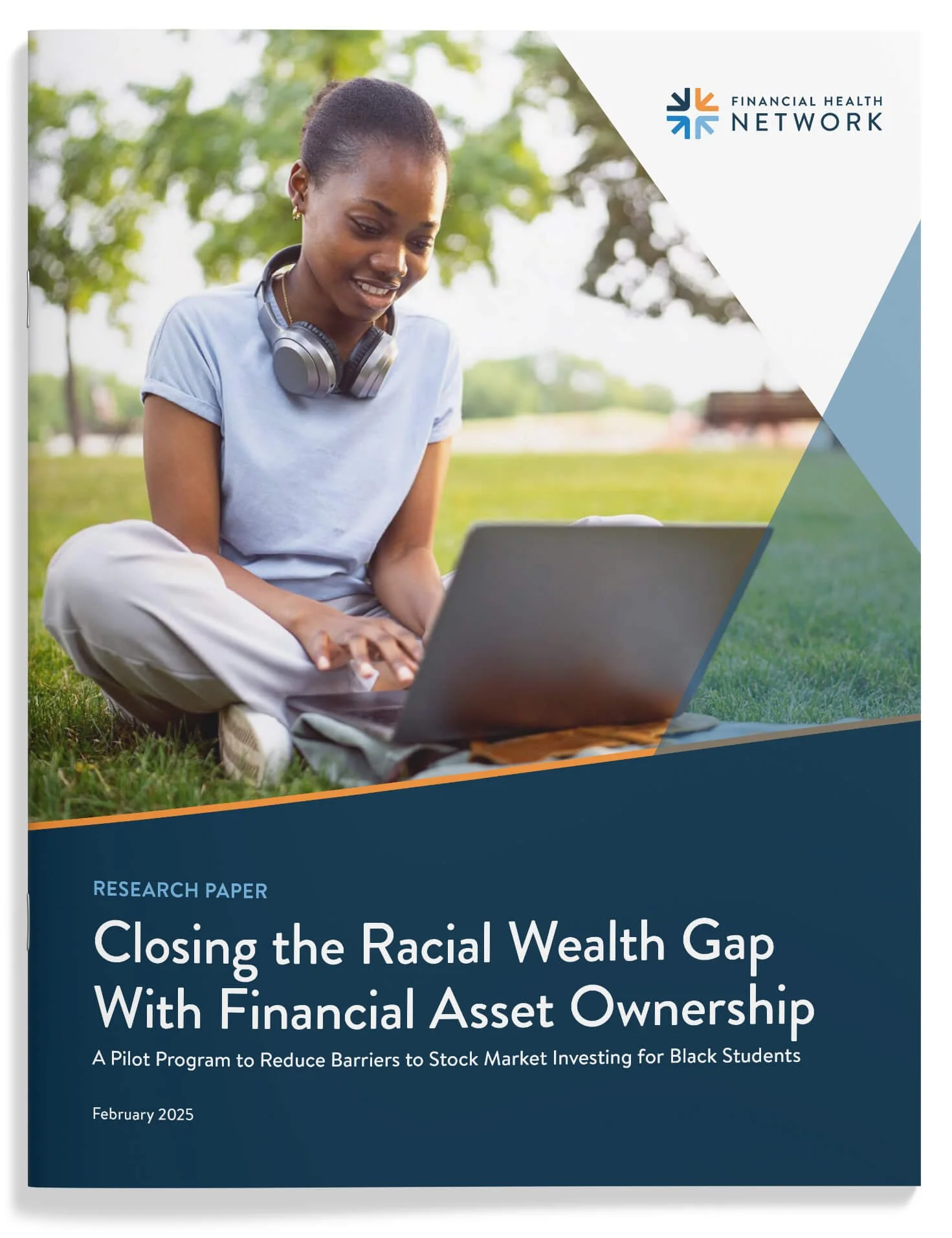 Closing the Racial Wealth Gap report cover with college student on computer in the quad
