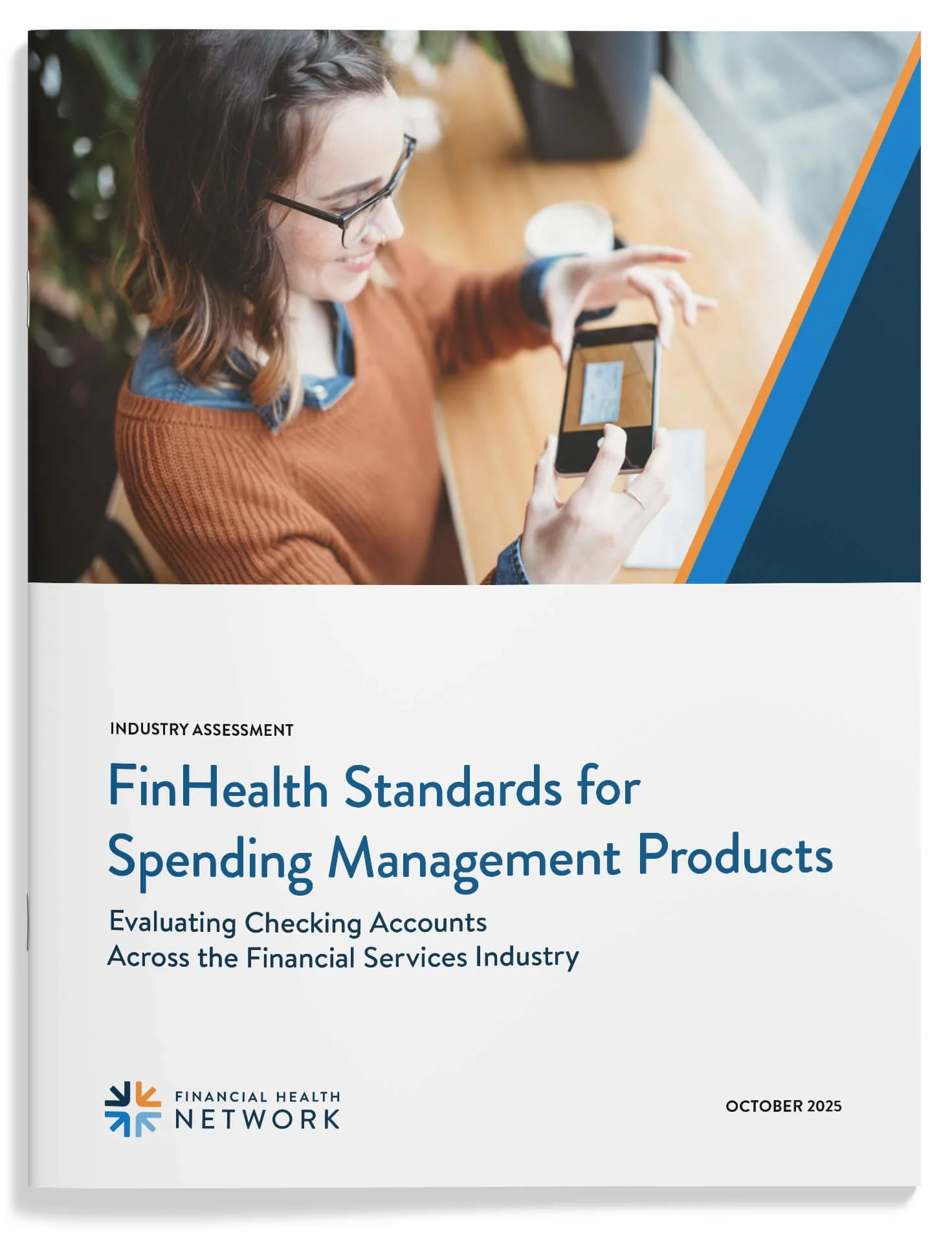 Financial health standards for checking accounts report cover with woman using mobile check deposit