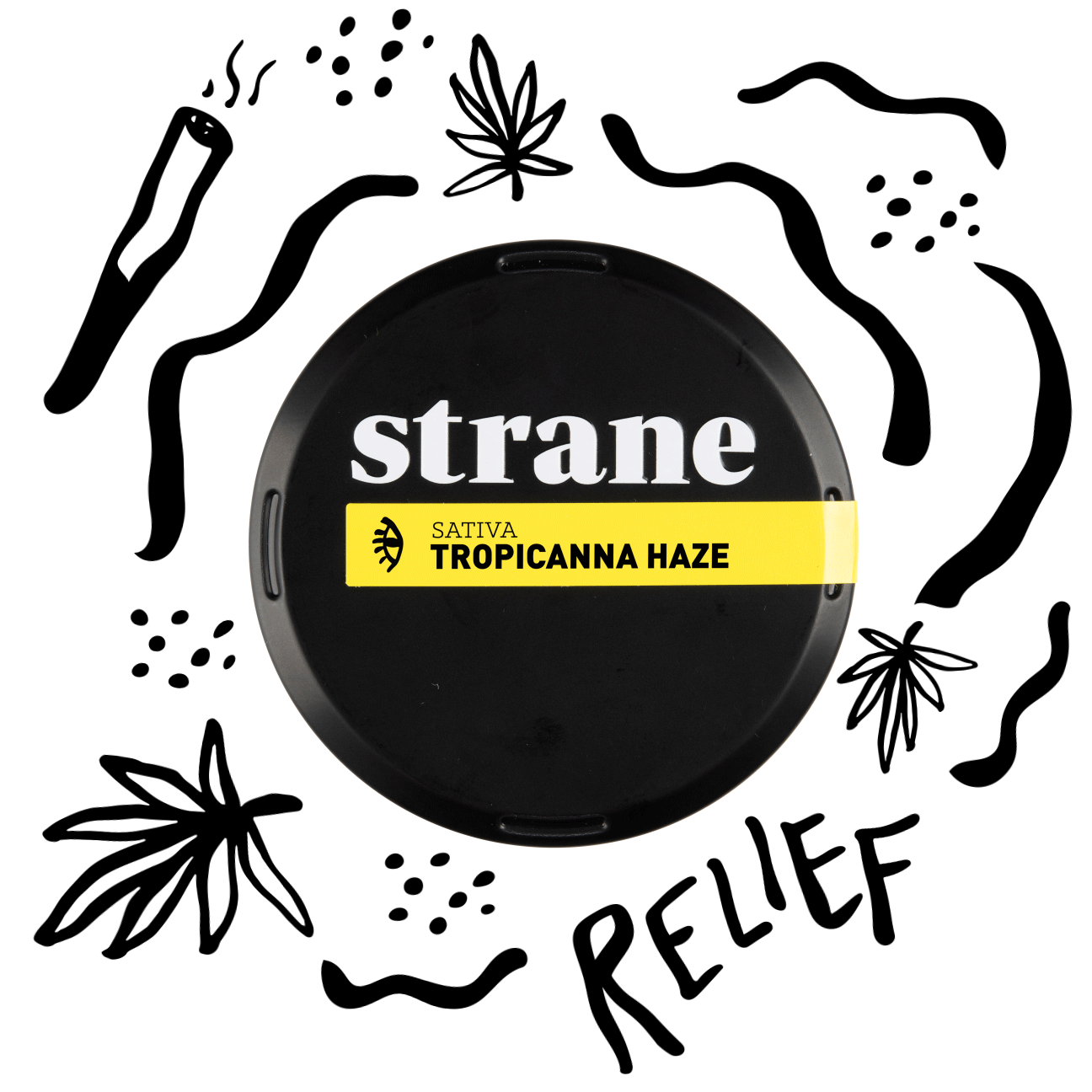 Black Strane flower packaging shaped like a puck with smoke and flower illustrations wiggling around it