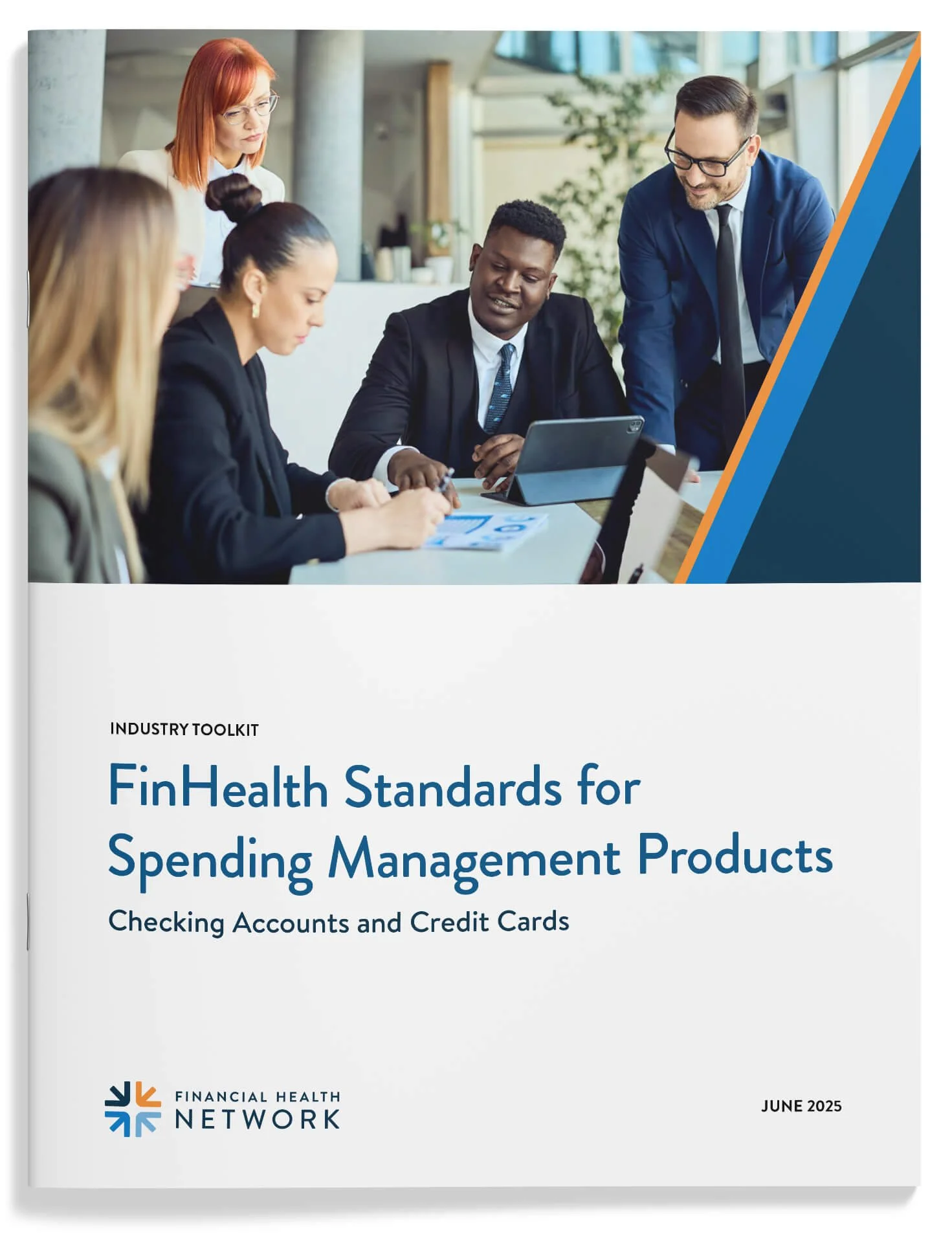 Financial health standards for checking and credit cards report cover with business meeting pictured