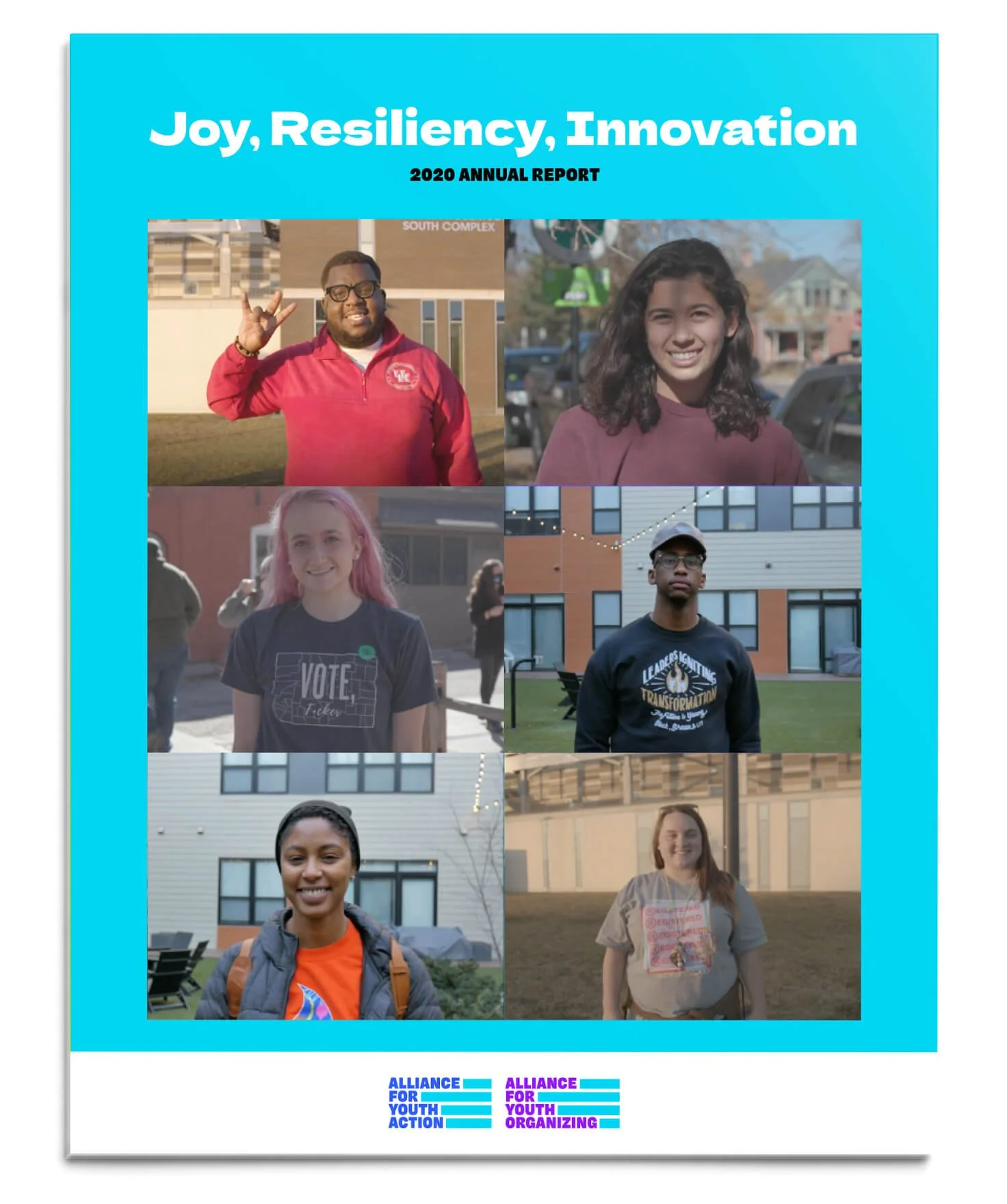 Bright blue cover with a 2x3 grid of youth smiling on the AYA 2020 Annual Report PDF