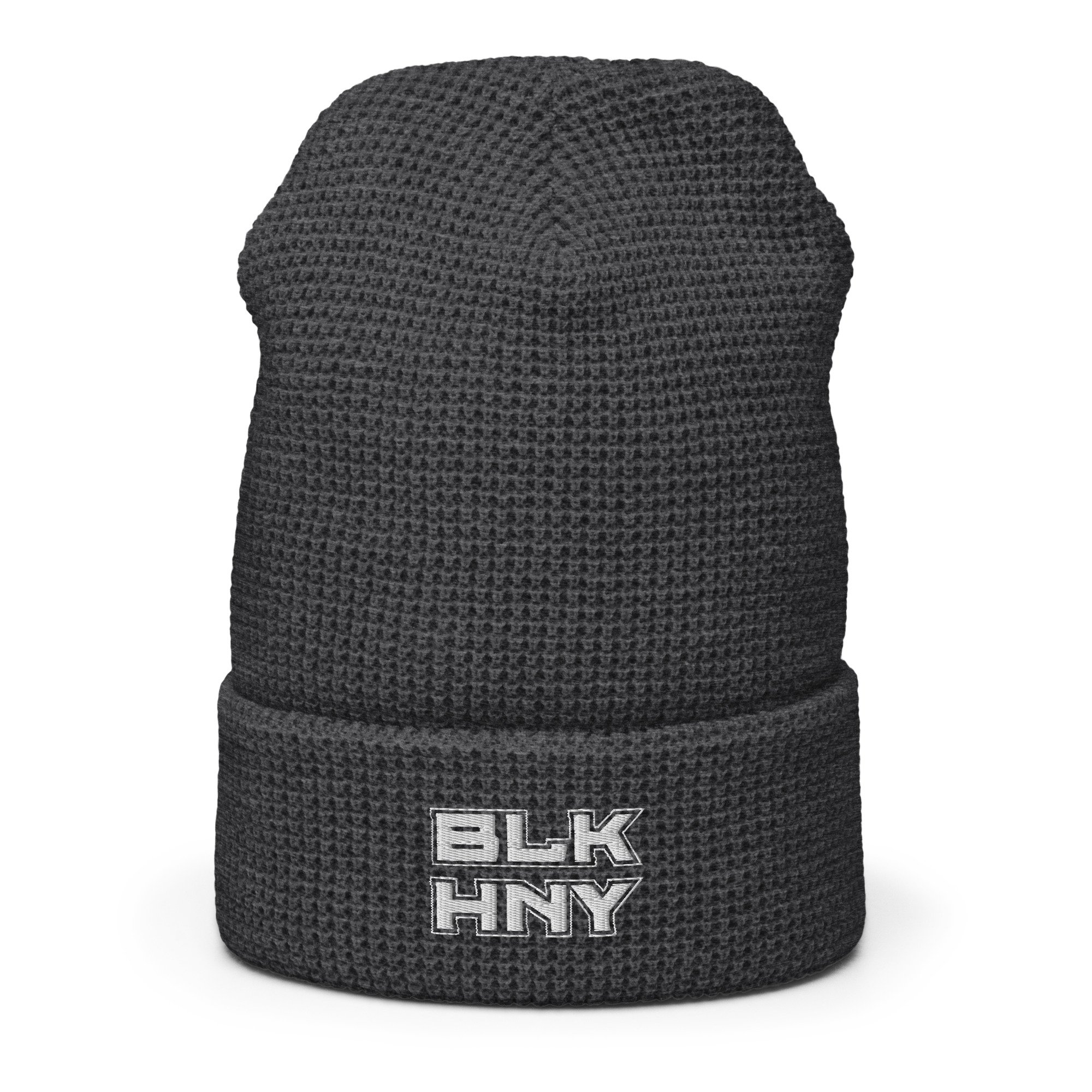 Heather Charcoal Shadowline Waffle Beanie with centered embroidered logo - featuring a unique honeycomb-like weave for warmth and flexibility.