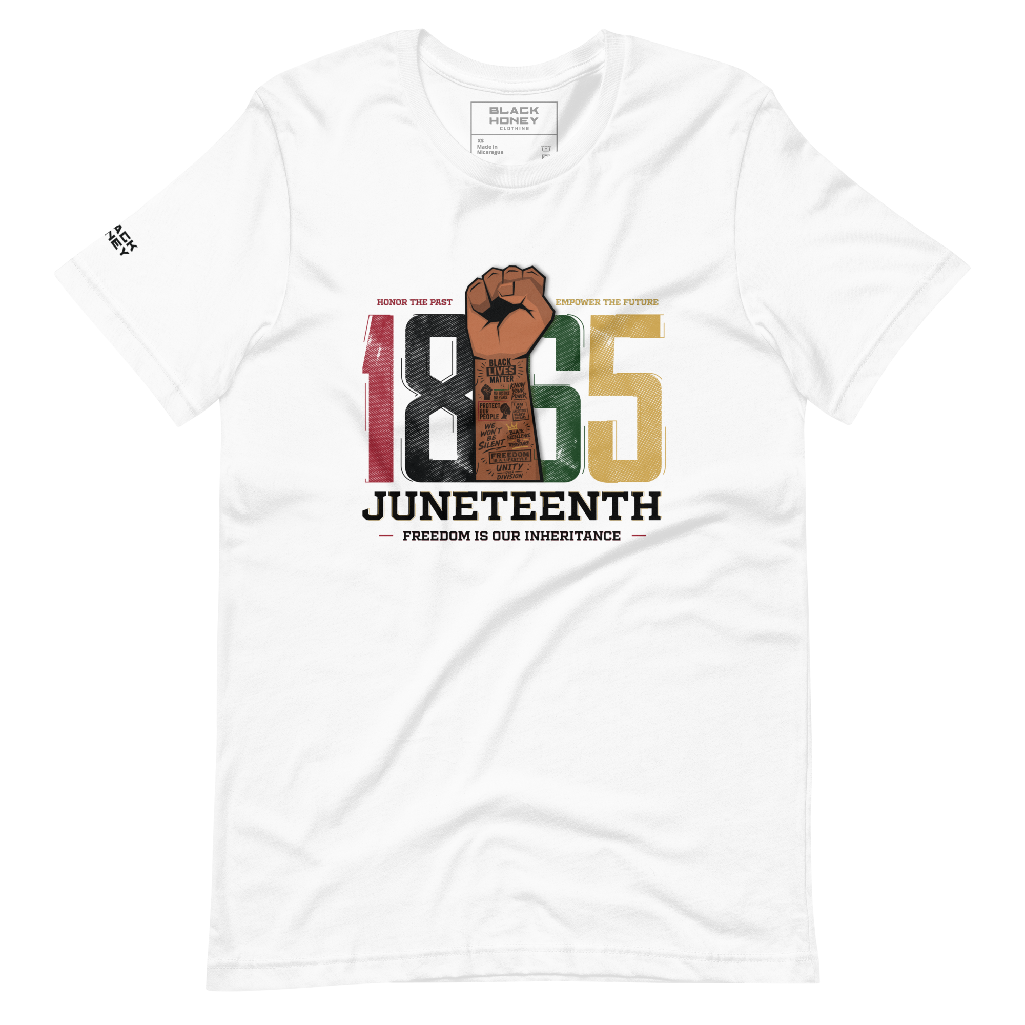 White 100% lightweight preshrunk cotton T-Shirt with “1865 Juneteenth-Freedom is our inheritance” multicolor text centered on the front