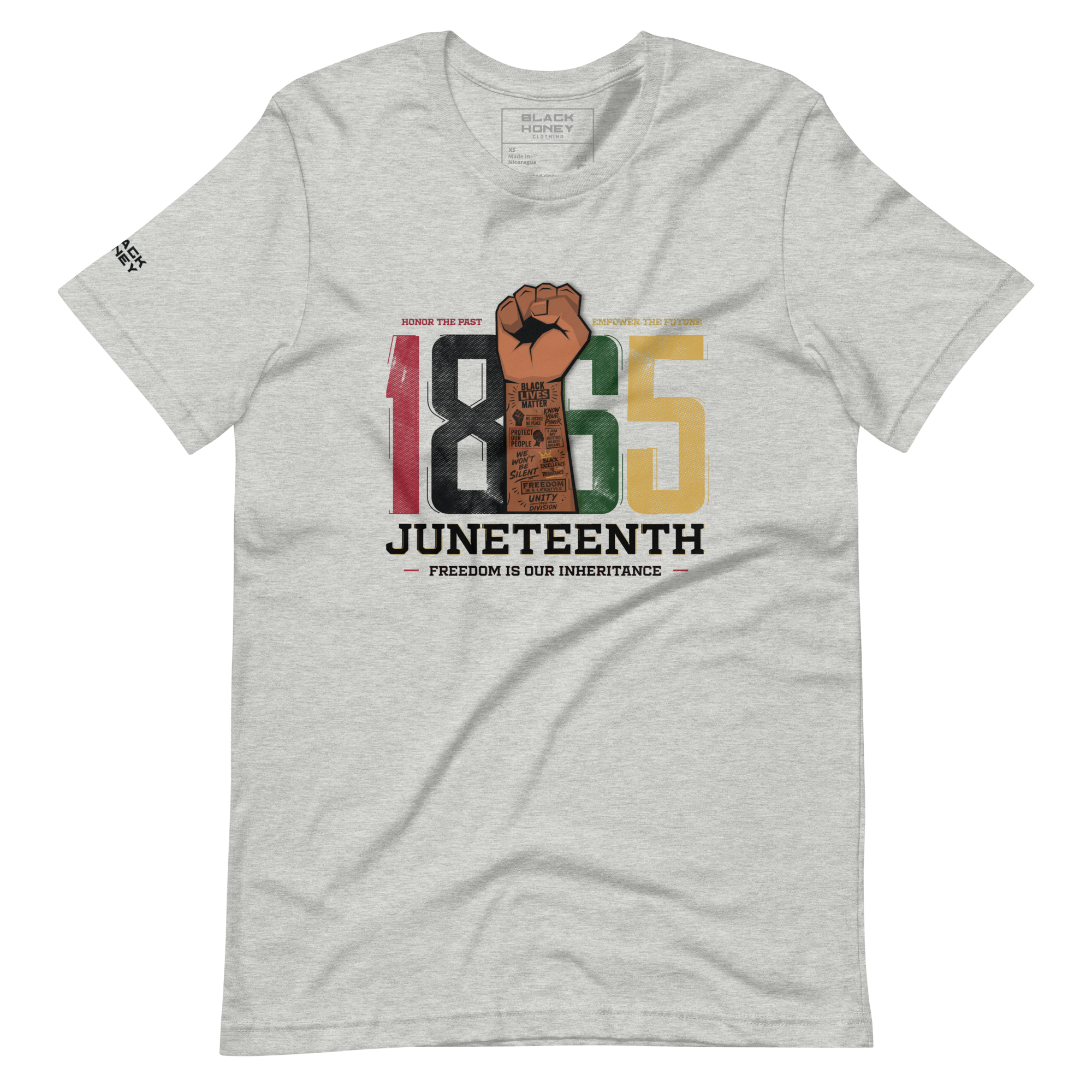 Athletic Heather 100% lightweight preshrunk cotton T-Shirt with “1865 Juneteenth-Freedom is our inheritance” multicolor text centered on the front