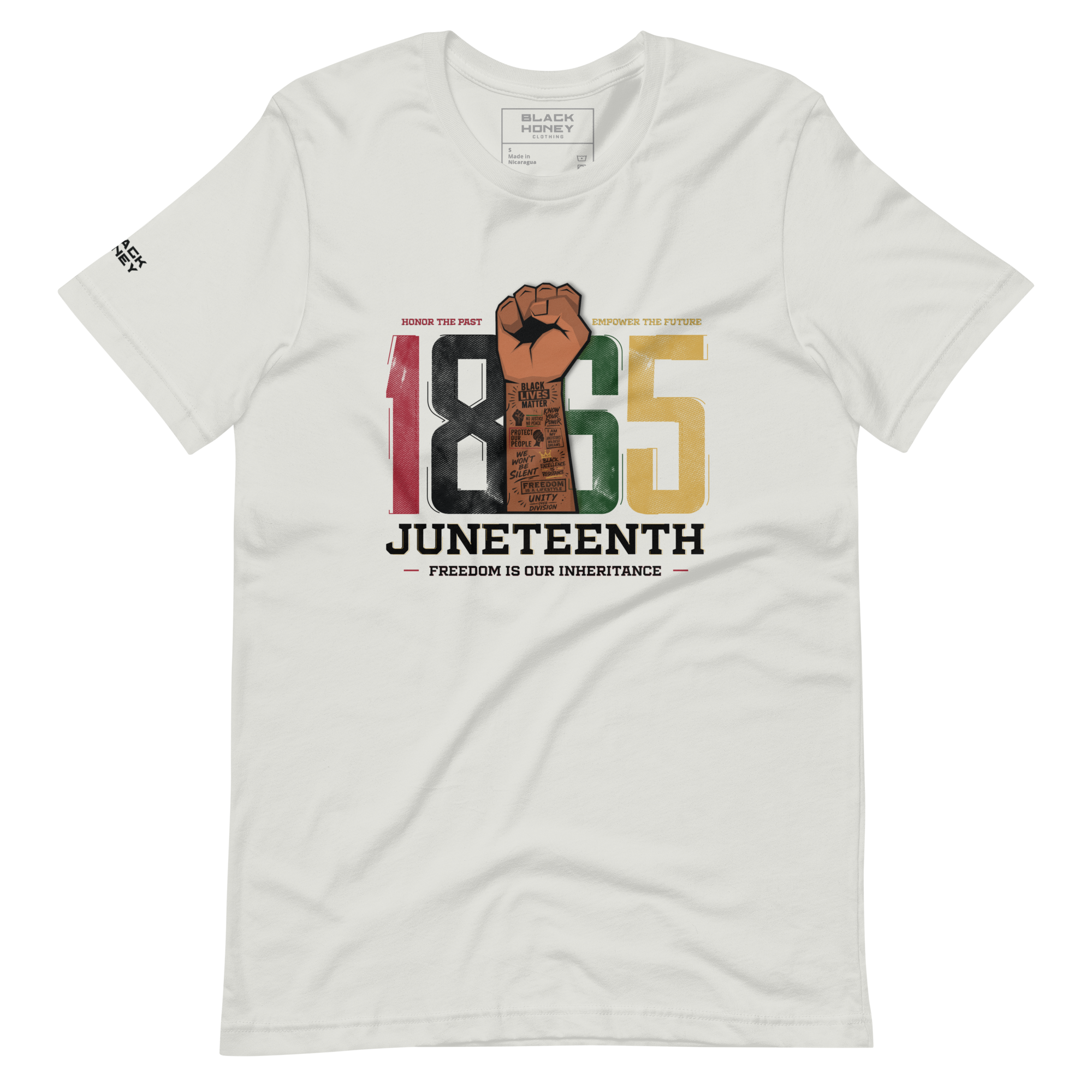 Silver 100% lightweight preshrunk cotton T-Shirt with “1865 Juneteenth-Freedom is our inheritance” multicolor text centered on the front
