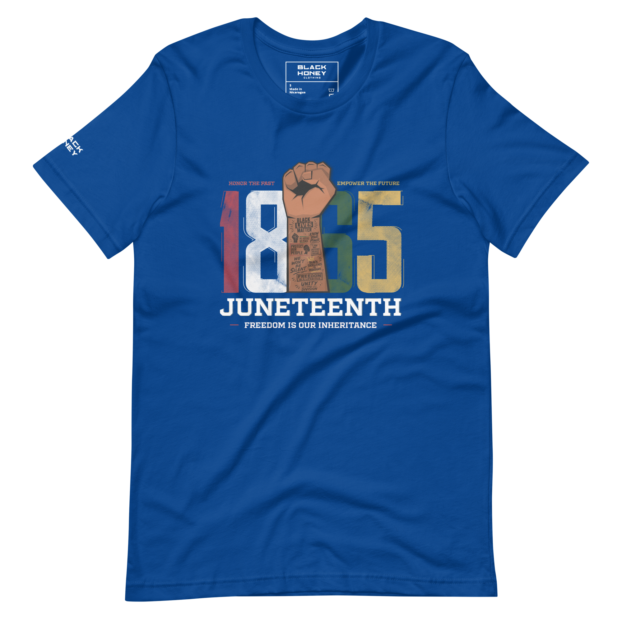 True Royal 100% cotton TShirt with “1865 Juneteenth-Freedom is our inheritance” multicolor text centered on the front