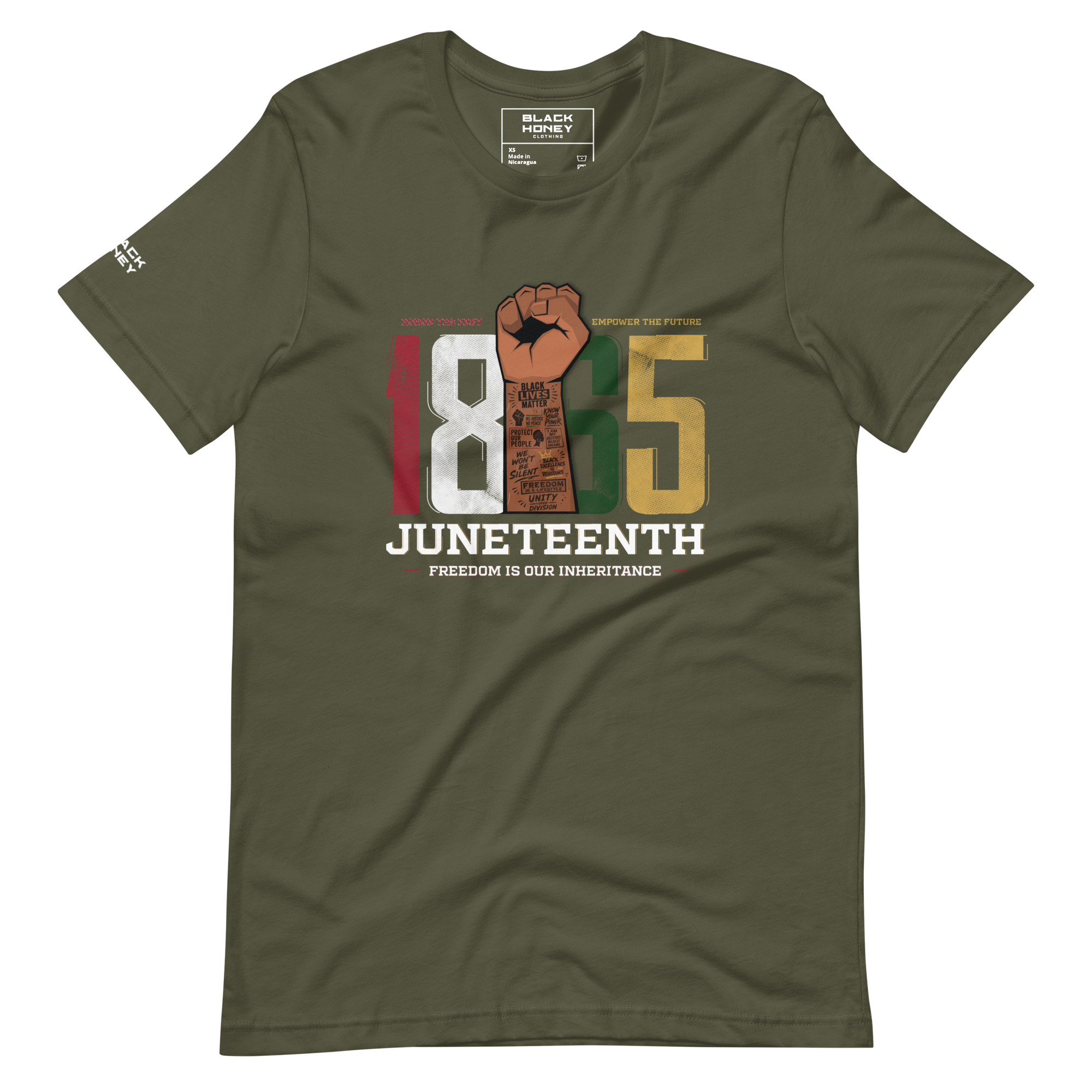 Military Green 100% cotton TShirt with “1865 Juneteenth-Freedom is our inheritance” multicolor text centered on the front
