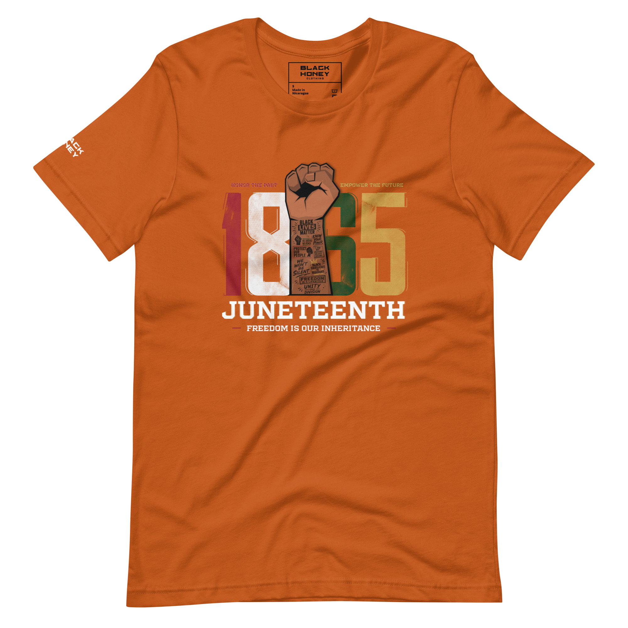 Autumn Orange 100% cotton TShirt with “1865 Juneteenth-Freedom is our inheritance” multicolor text centered on the front