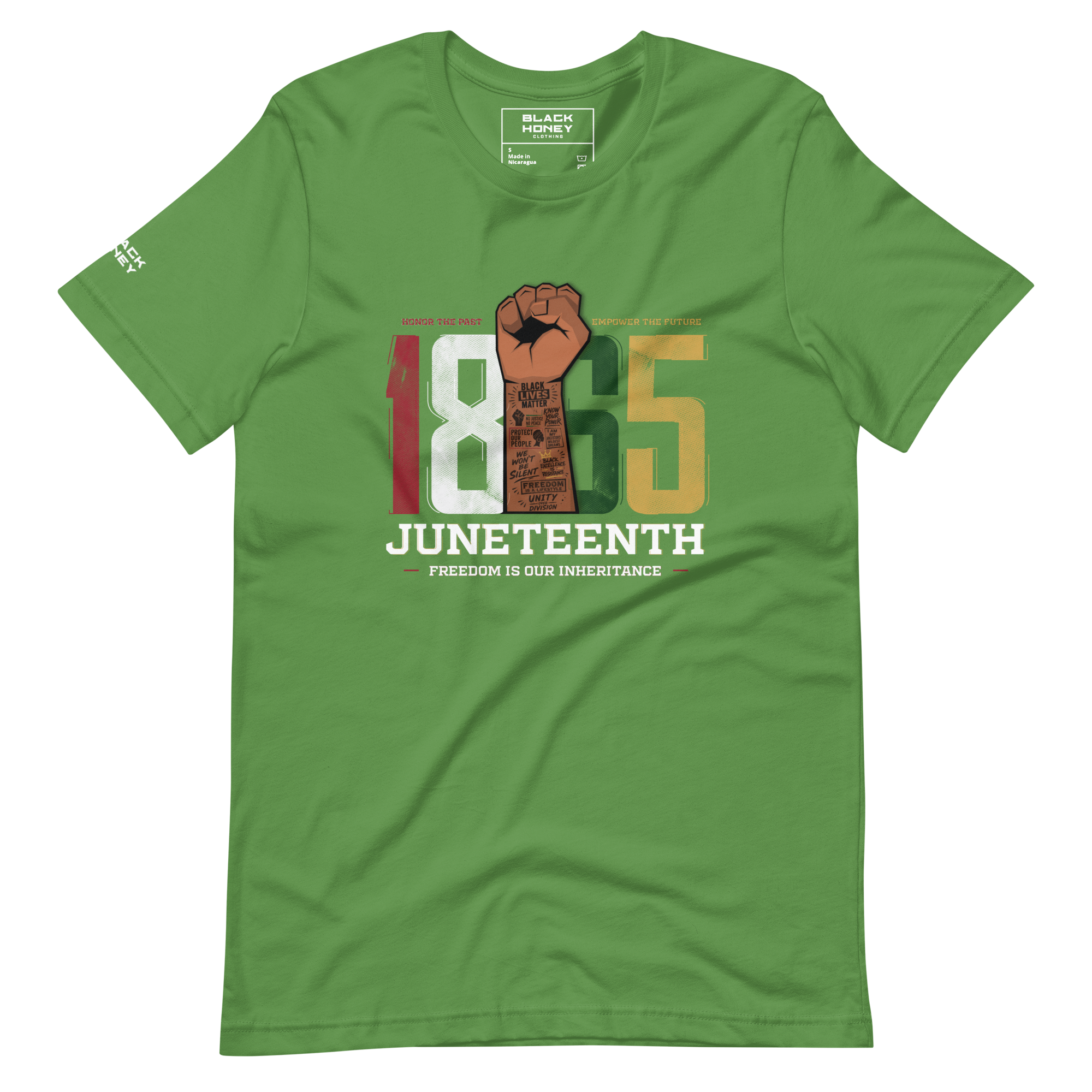 Leaf Green 100% cotton TShirt with “1865 Juneteenth-Freedom is our inheritance” multicolor text centered on the front