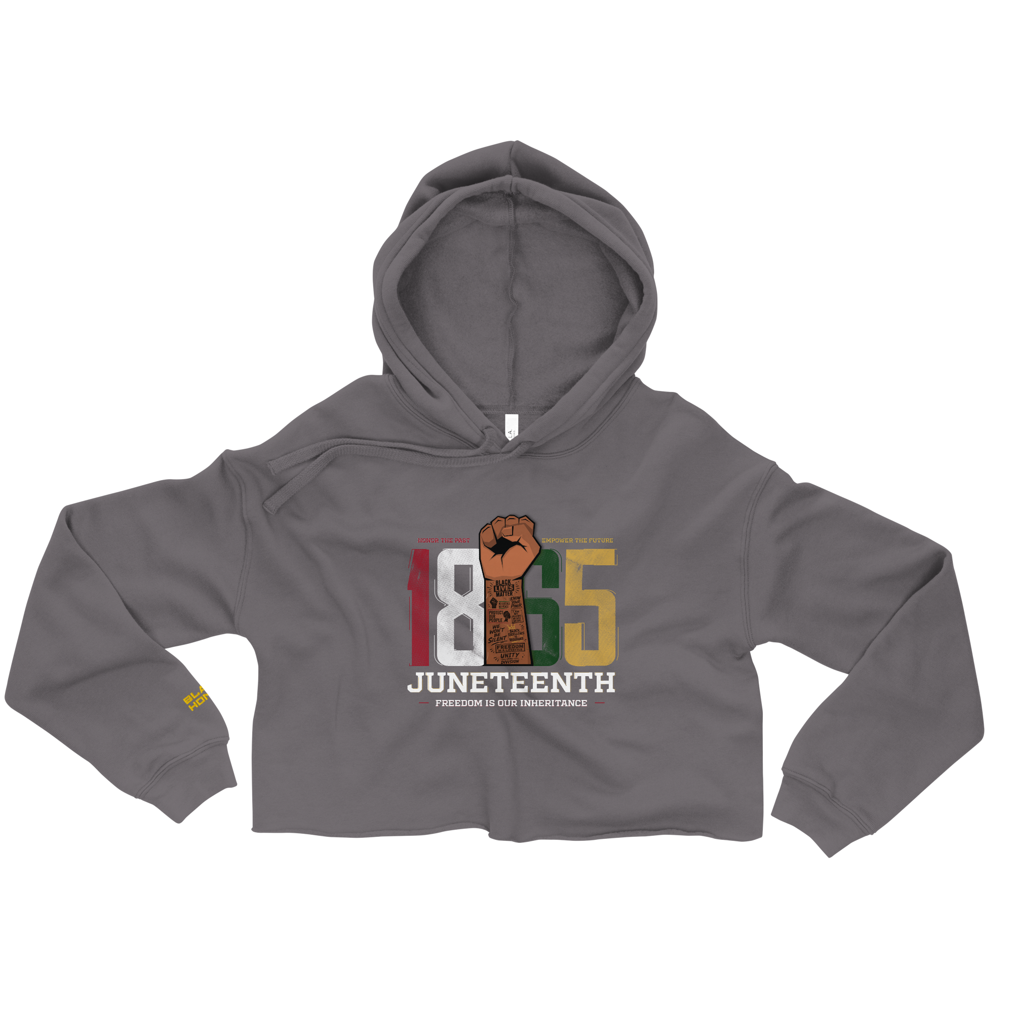 Storm Grey 100% lightweight cotton Crop Hoodie with “1865 Junteenth- Freedom is our inheritance” multicolor text centered on the front