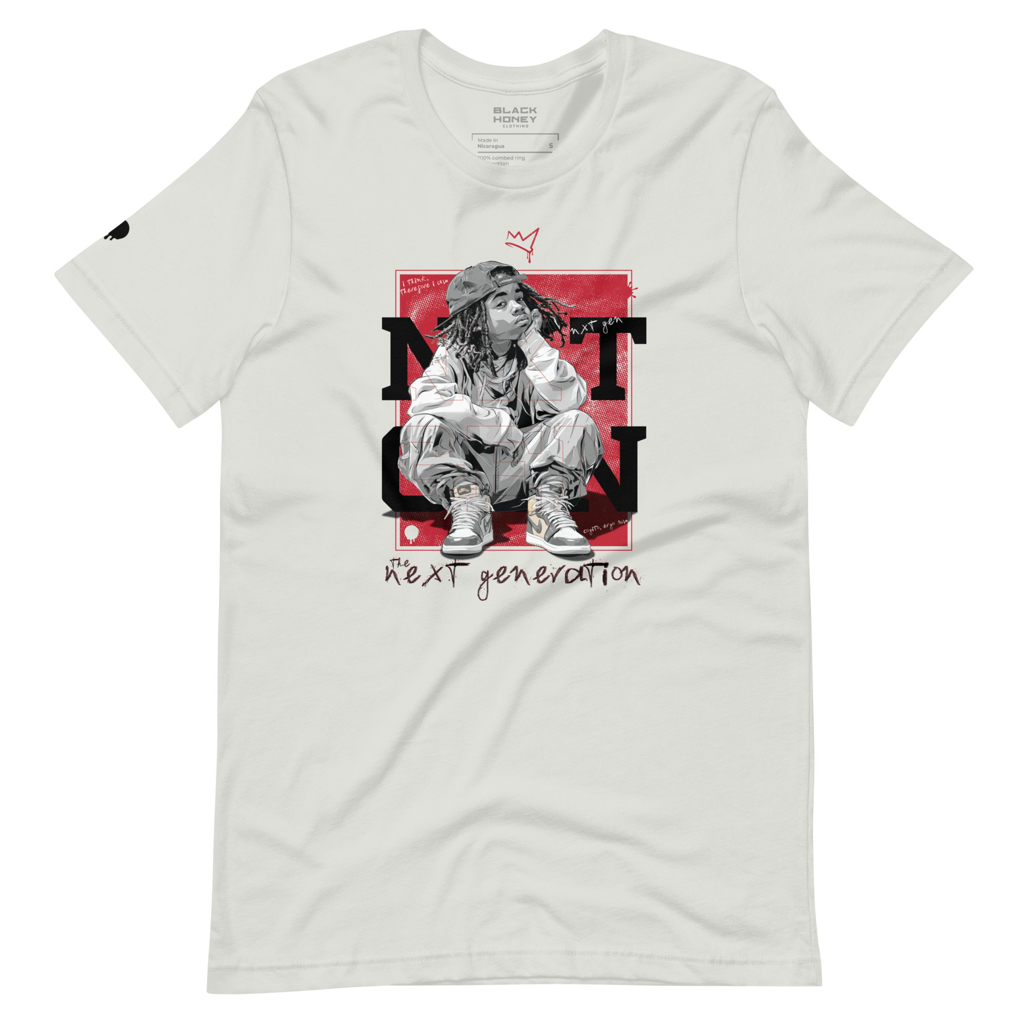 NXT GEN Thinkin' Crimson Focus on Silver T-Shirt featuring a bold inspirational graphic of young black boy sitting and thinking. For next-generation creators and leaders.
