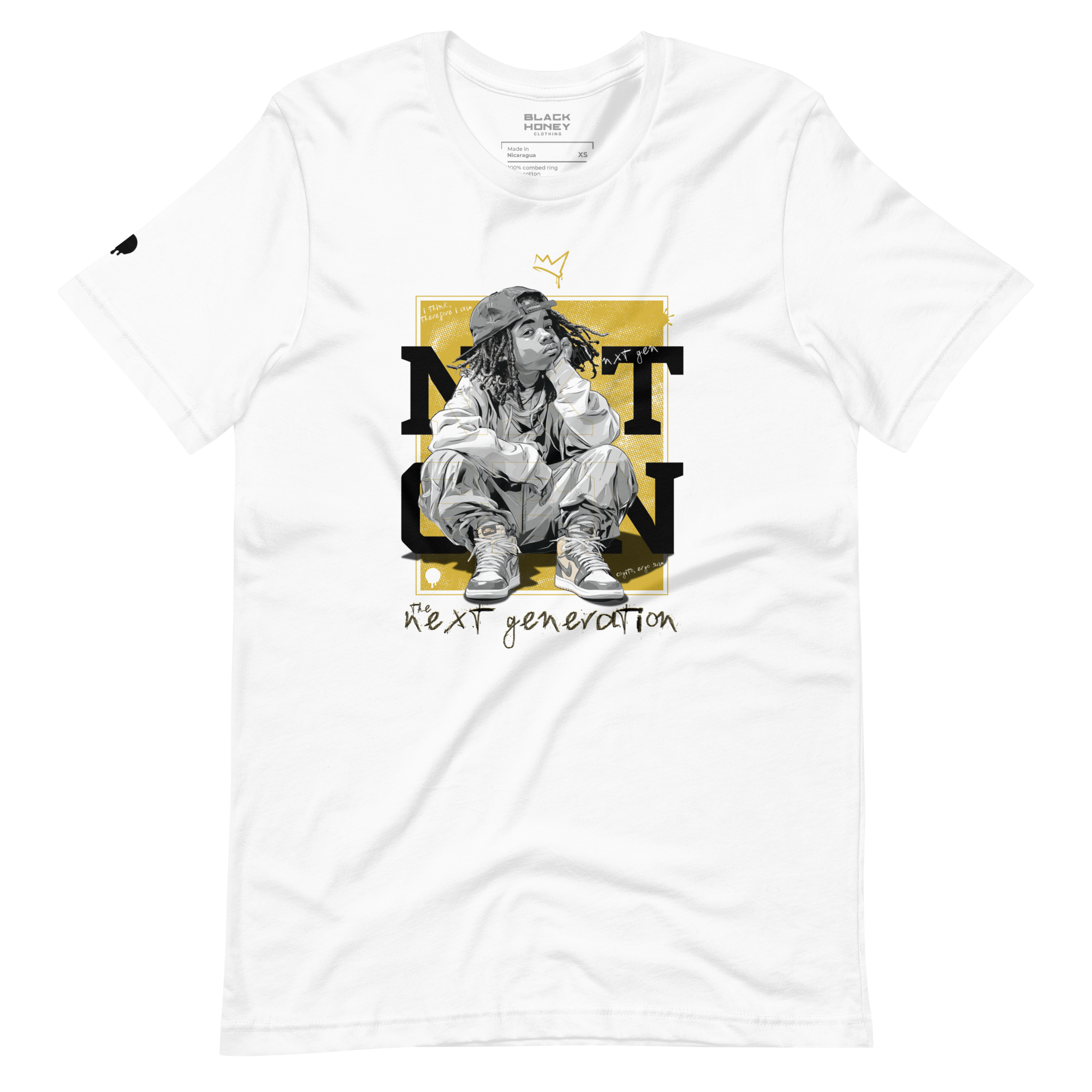 NXT GEN Thinkin' Liquid Gold on White T-Shirt featuring a bold inspirational graphic of young black boy sitting and thinking. For next-generation creators and leaders.