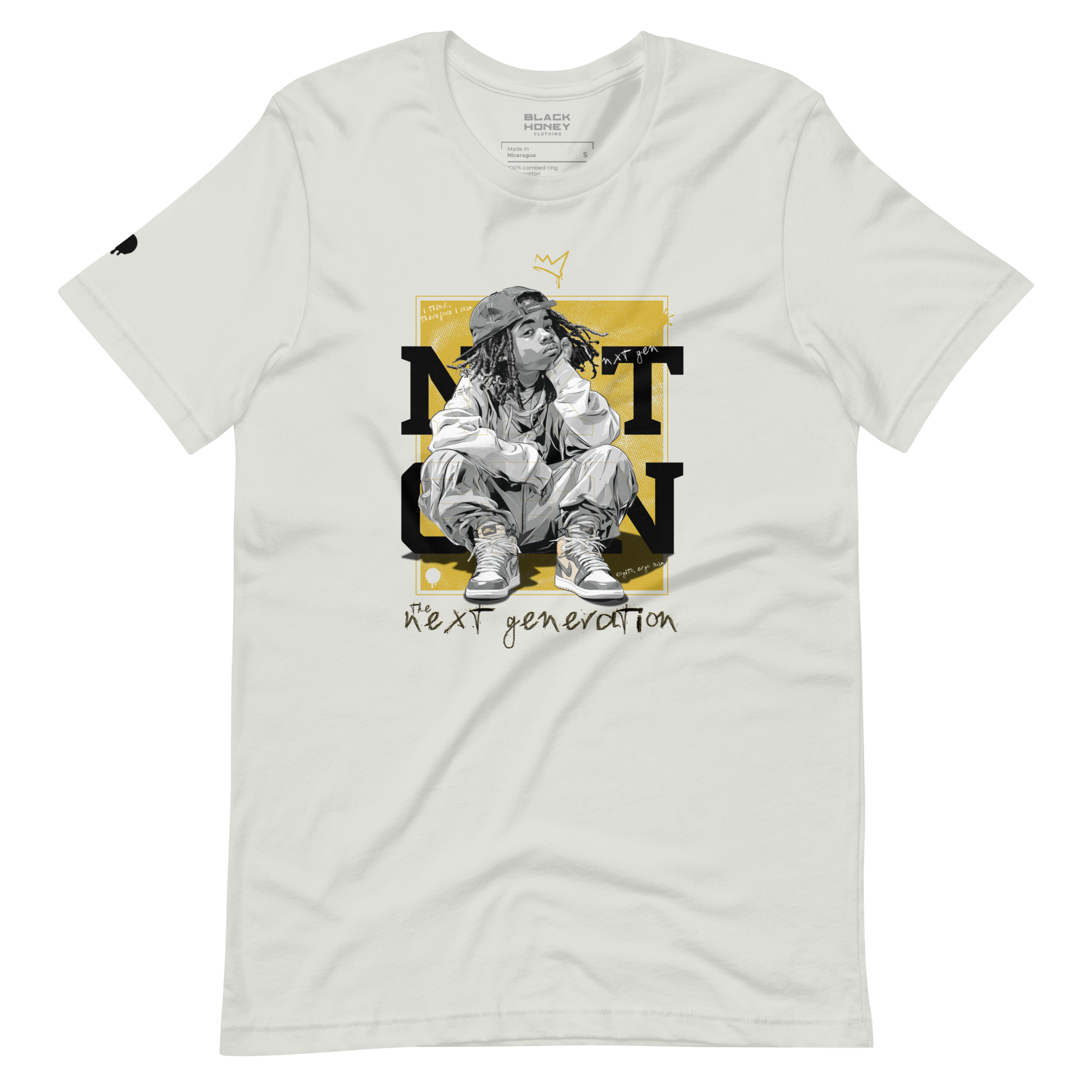 NXT GEN Thinkin' Liquid Gold on Silver T-Shirt featuring a bold inspirational graphic of young black boy sitting and thinking. For next-generation creators and leaders.
