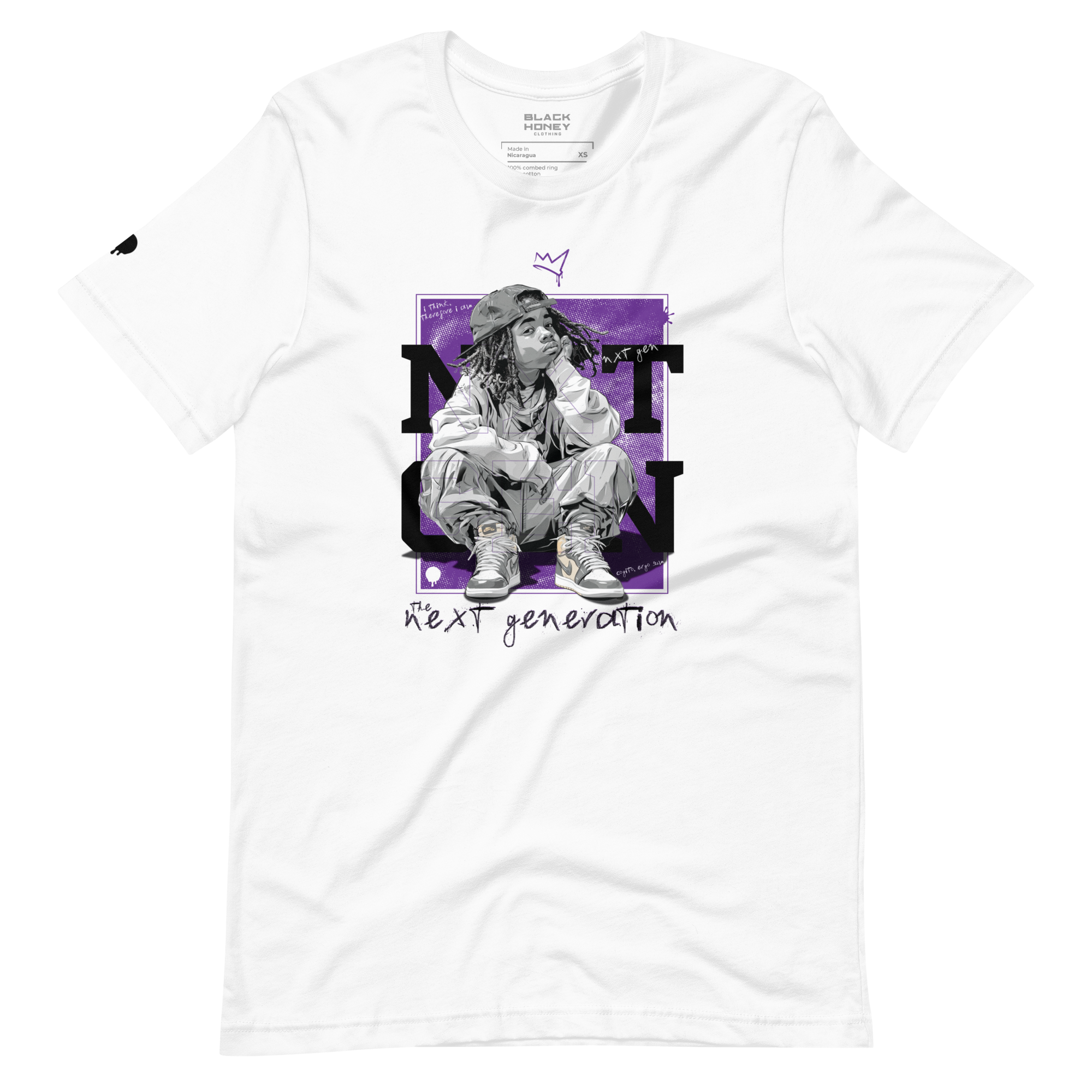 NXT GEN Thinkin' Royal Vision on White T-Shirt featuring a bold inspirational graphic of young black boy sitting and thinking. For next-generation creators and leaders.
