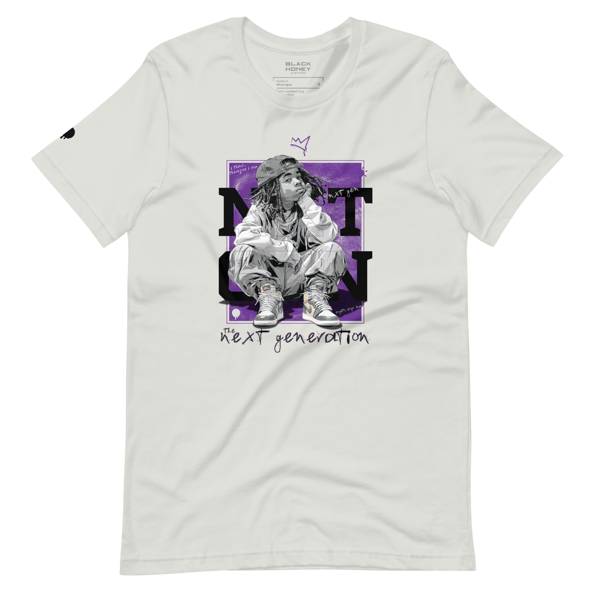 NXT GEN Thinkin' Royal Vision on Silver T-Shirt featuring a bold inspirational graphic of young black boy sitting and thinking. For next-generation creators and leaders.