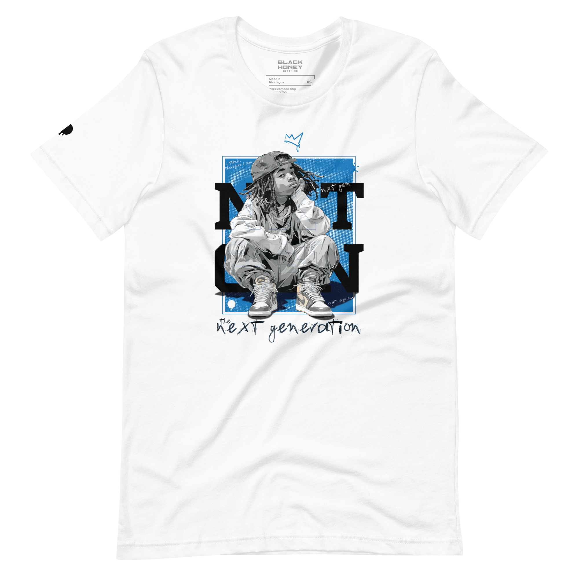 NXT GEN Thinkin' Sky Logic on White T-Shirt featuring a bold inspirational graphic of young black boy sitting and thinking. For next-generation creators and leaders.