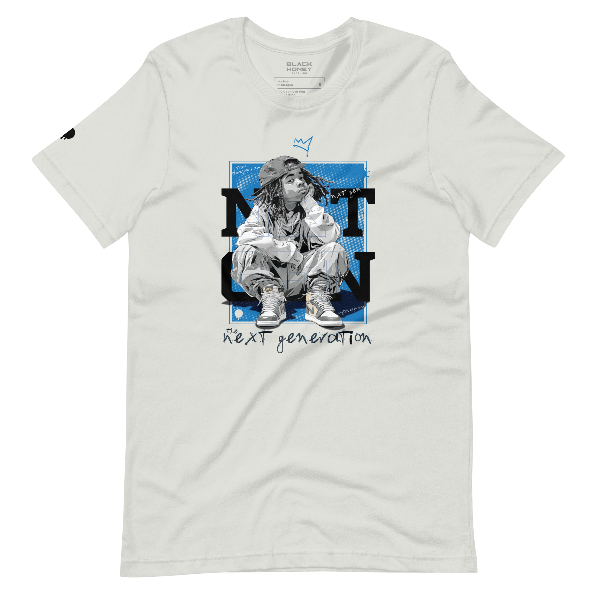 NXT GEN Thinkin' Sky Logic on White T-Shirt featuring a bold inspirational graphic of young black boy sitting and thinking. For next-generation creators and leaders.