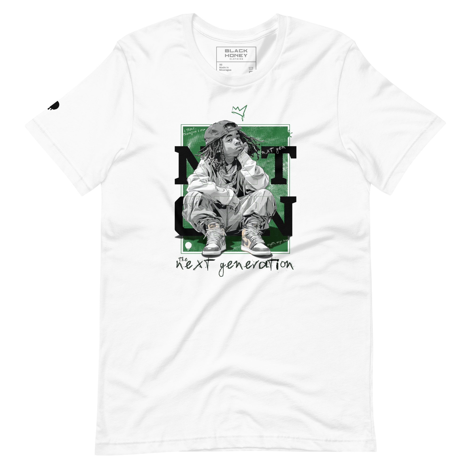 NXT GEN Thinkin' Emerald Mindset on White T-Shirt featuring a bold inspirational graphic of young black boy sitting and thinking. For next-generation creators and leaders.