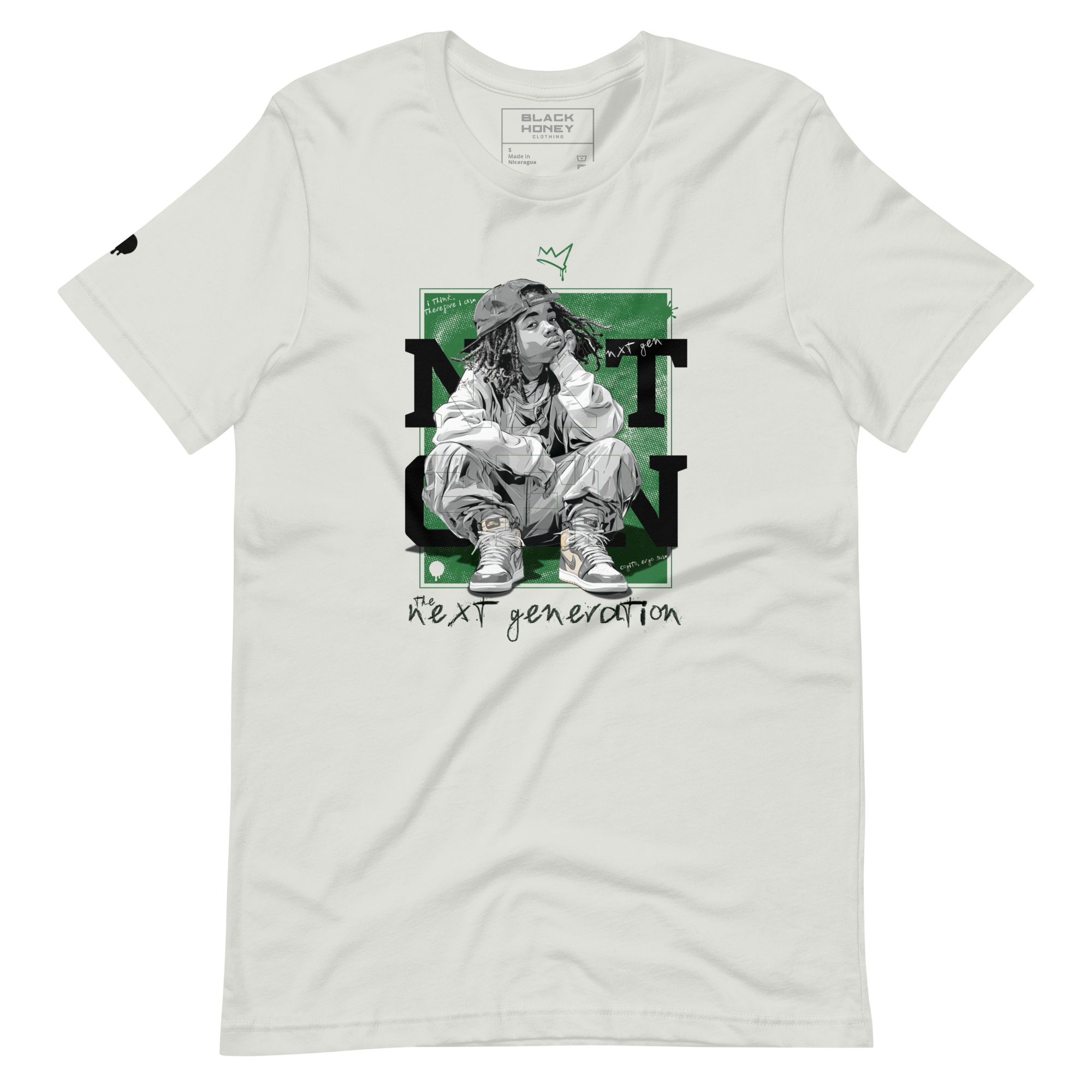 NXT GEN Thinkin' Emerald Mindset on Silver T-Shirt featuring a bold inspirational graphic of young black boy sitting and thinking. For next-generation creators and leaders.