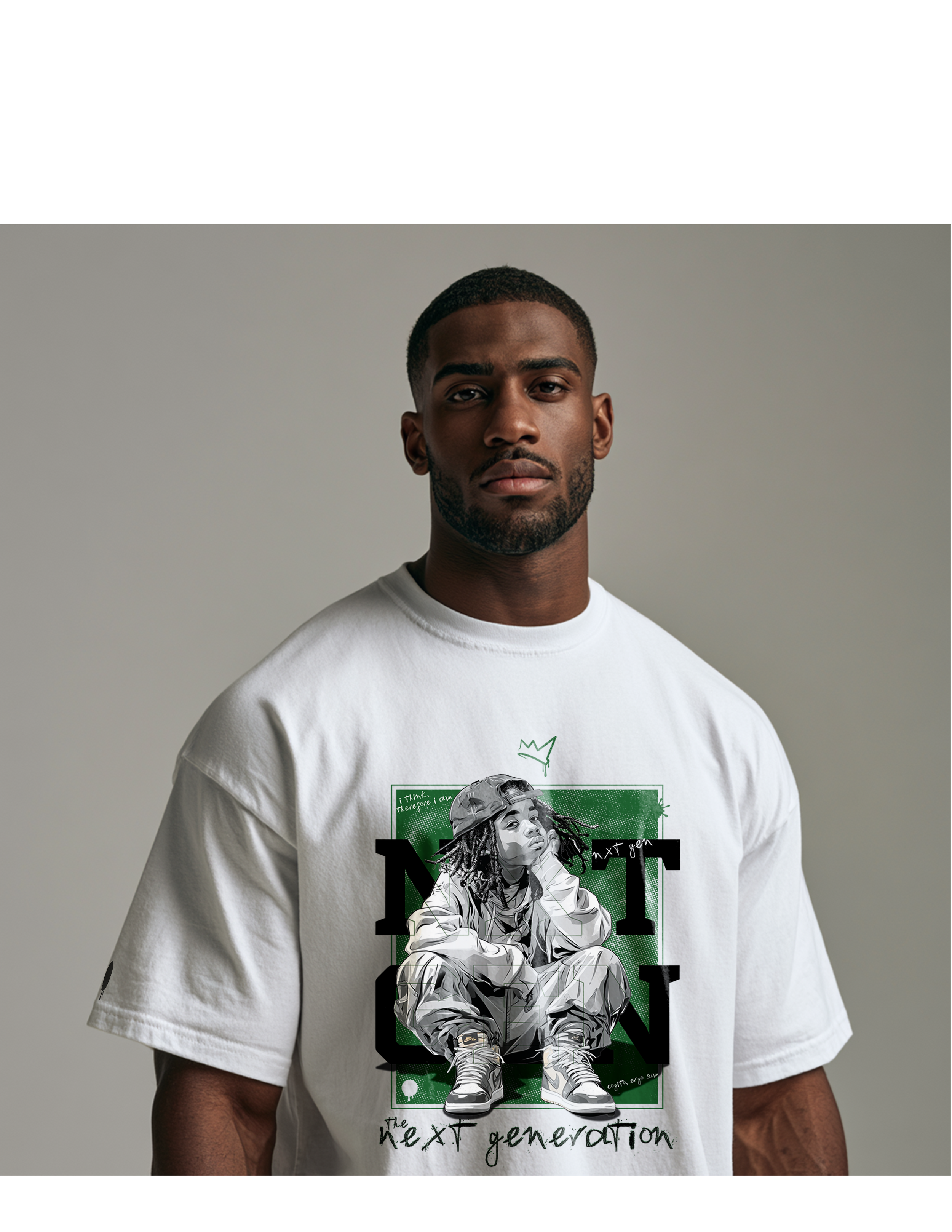 Black Male model wearing….NXT GEN Thinkin' Emerald Mindset on White T-Shirt featuring a bold inspirational graphic of young black boy sitting and thinking. For next-generation creators and leaders.