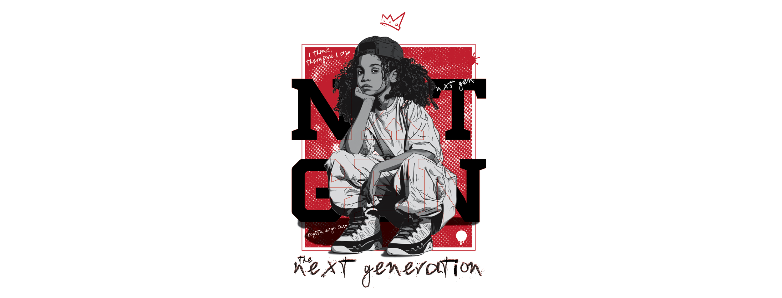 A stylized illustration of a young girl with styled hair, wearing a cap backwards, sitting with a serious thinking expression. The background features a red and black design with text that reads "The Next Generation."