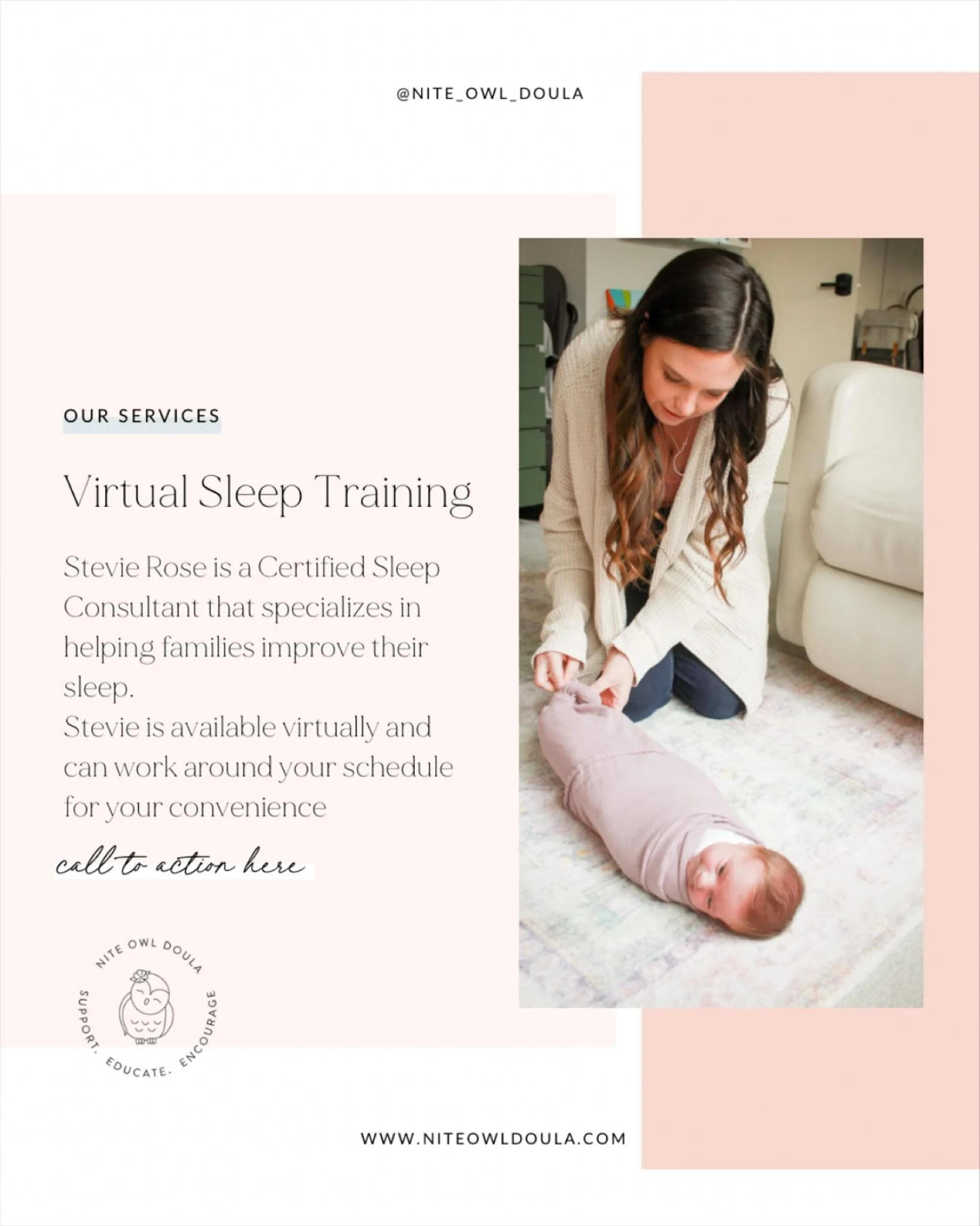 Through customized plans and on-going virtual support designed to establish healthy sleep habits for babies and toddlers, Stevie works hard to understand individual needs and create specialized sleep plans, ensuring a peaceful night&rsquo;s sleep for
