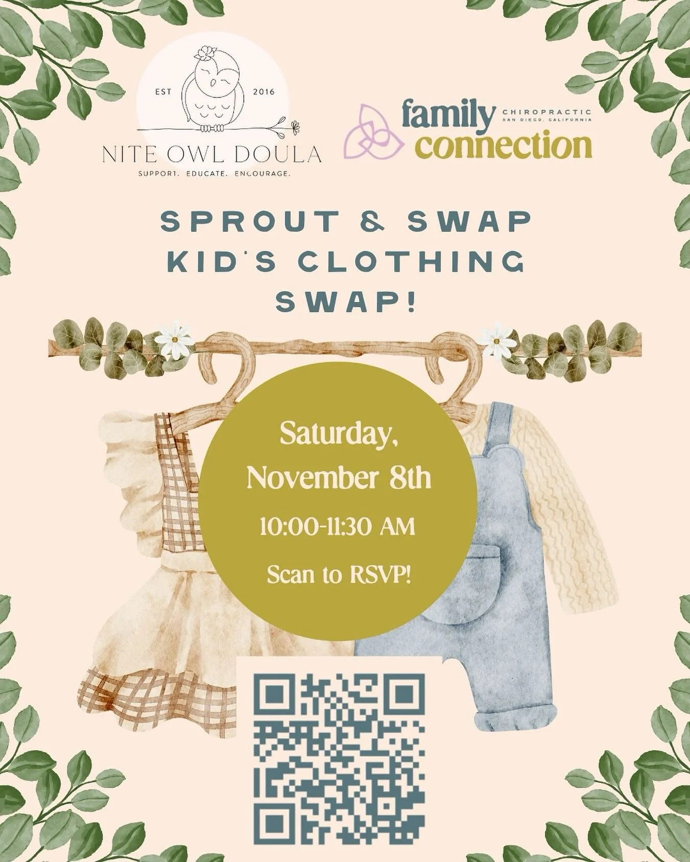 Screenshot this post and follow the QR Code through your photos to RSVP!! 
We are so excited to cohost this event with the incredible @dr.katieschlein and her beautiful work space @familyconnectionchiropractic 
Please join us for a FREE baby/kid clot