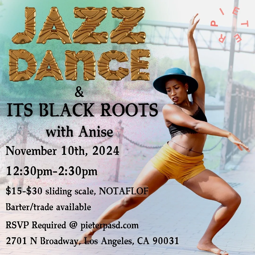 🌟SAVE THE DATE🌟
Jazz Dance & Its Black Roots with Anise
Sunday, November 10th, 12:30-2:30pm
This class explores the origins of jazz dance & stylistic elements, while dancing together. From polyrhythm to call and response, Black history i