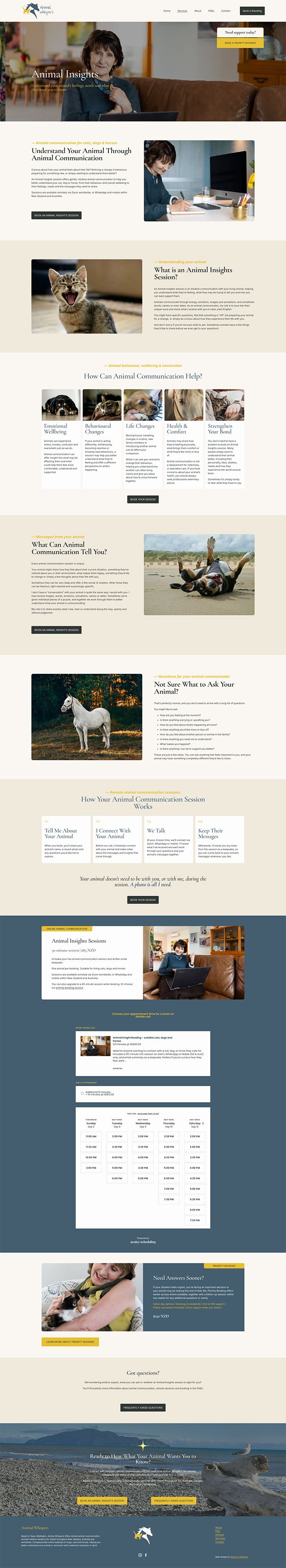 Appointment and service information and booking website for animal medium in NZ on Squarespace
