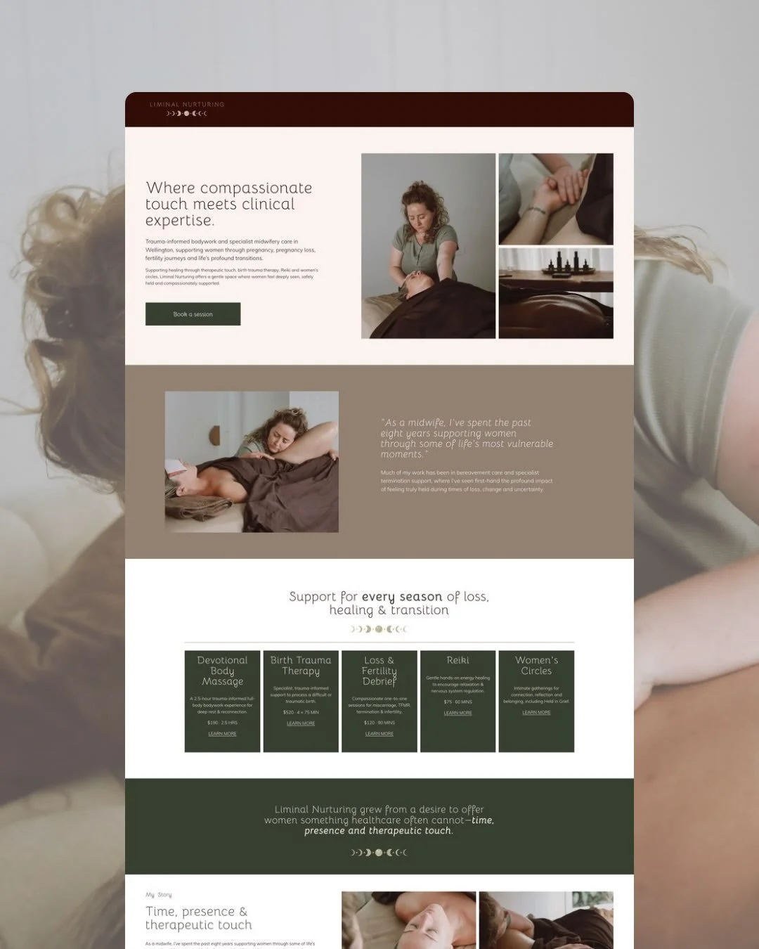 A calm, grounded website for my wonderful client Katie at Liminal Nurturing.

Katie had already made a great start. I helped bring everything together into a cohesive one-page Squarespace website that&rsquo;s beautiful, easy to navigate, and simple f