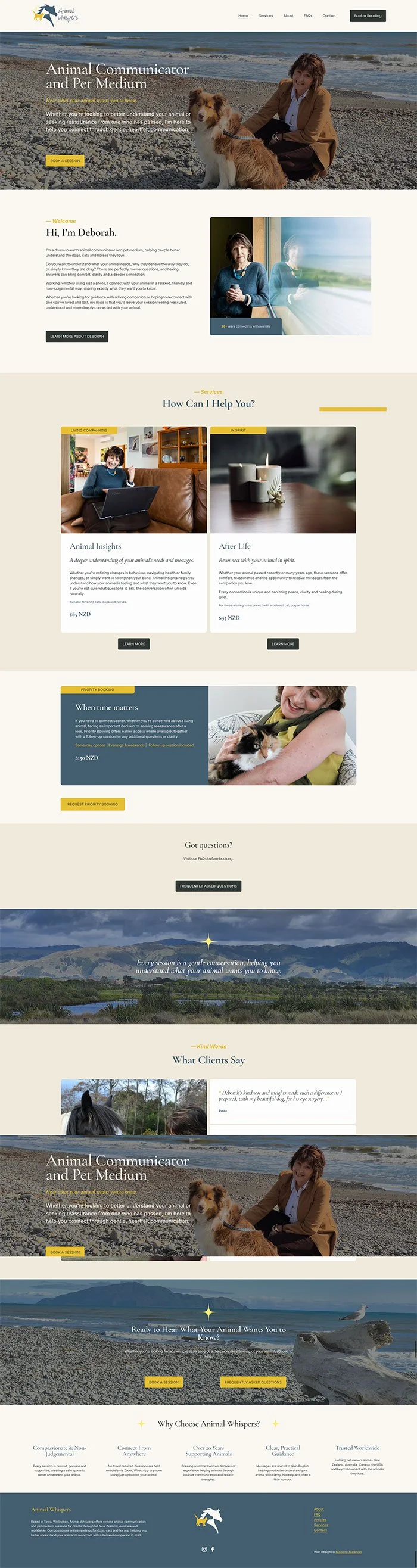 Appointment and service booking website for animal medium in NZ on Squarespace