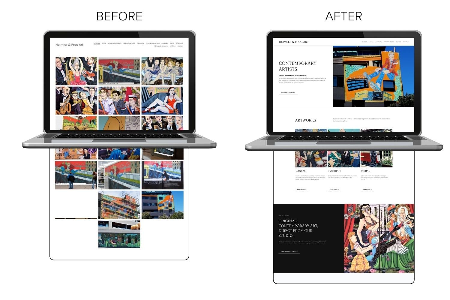 Heimler Proc artist website before and after homepage