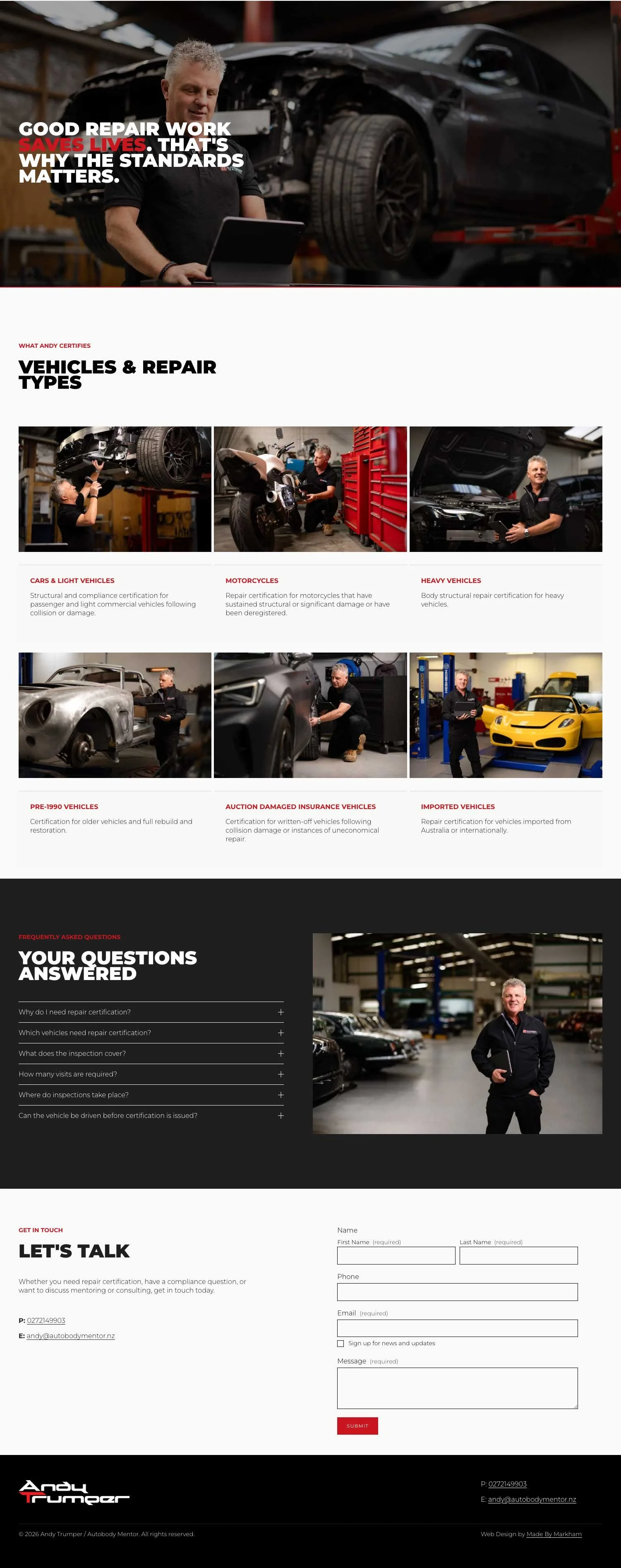 Masculine design personal branding website for vehicle repair specialist nz