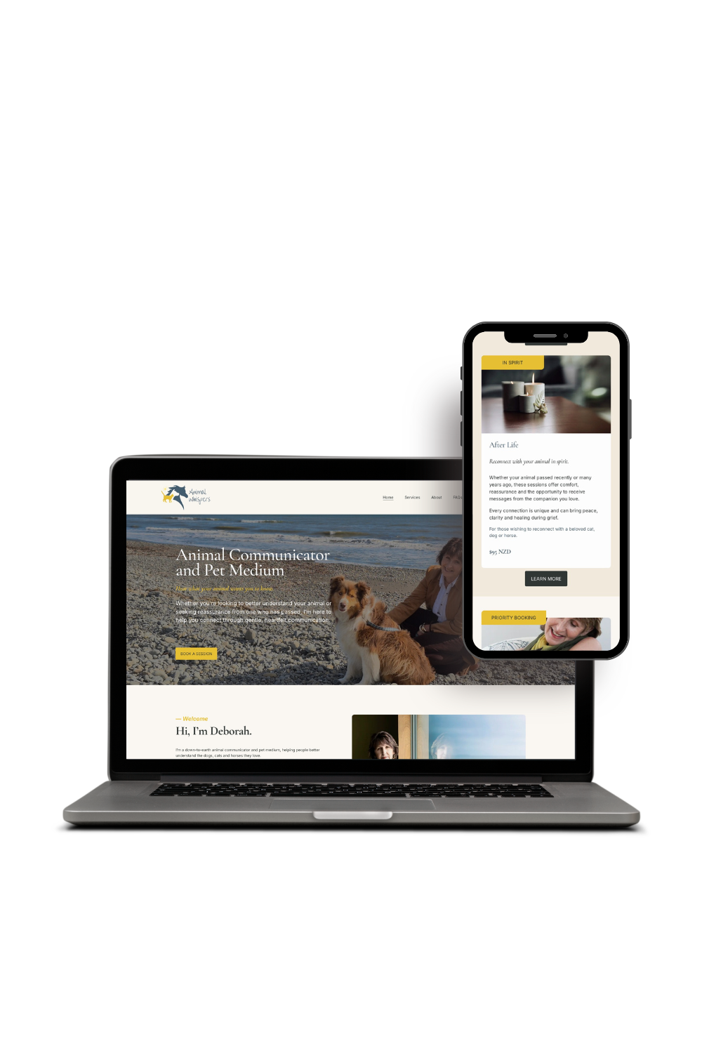 Animal Whispers pet medium website on screen