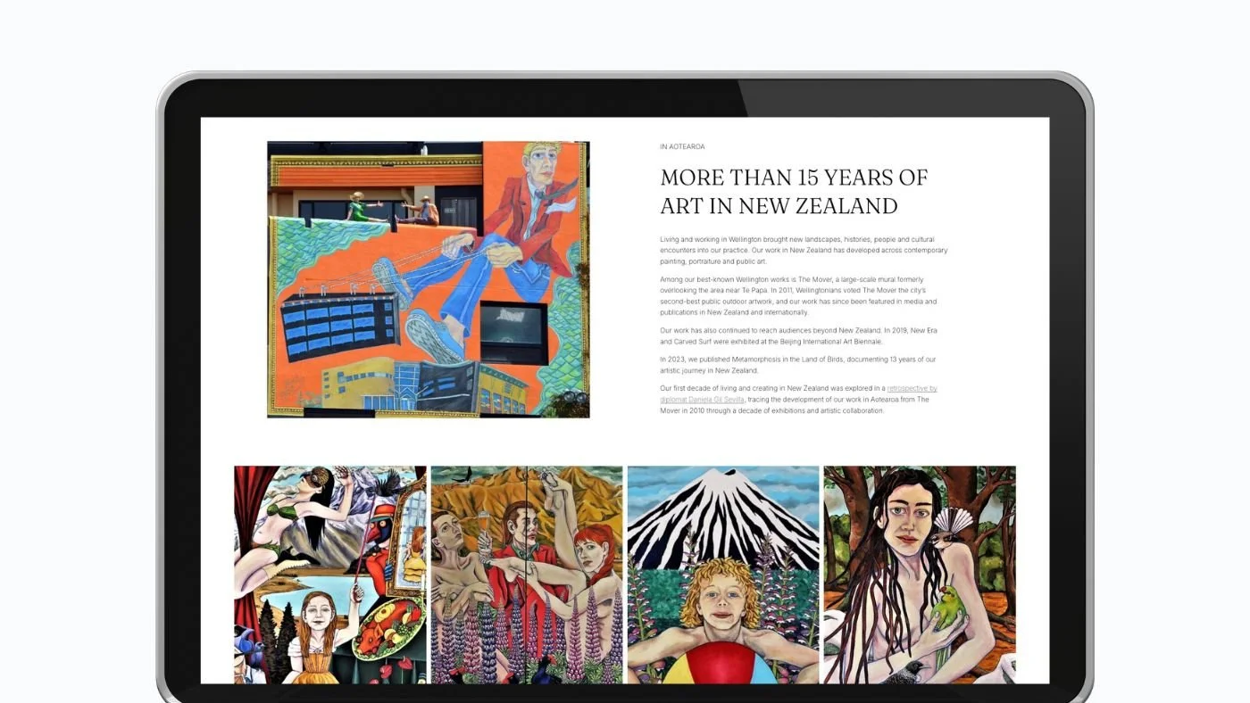 Monochrome website design for bright art in NZ