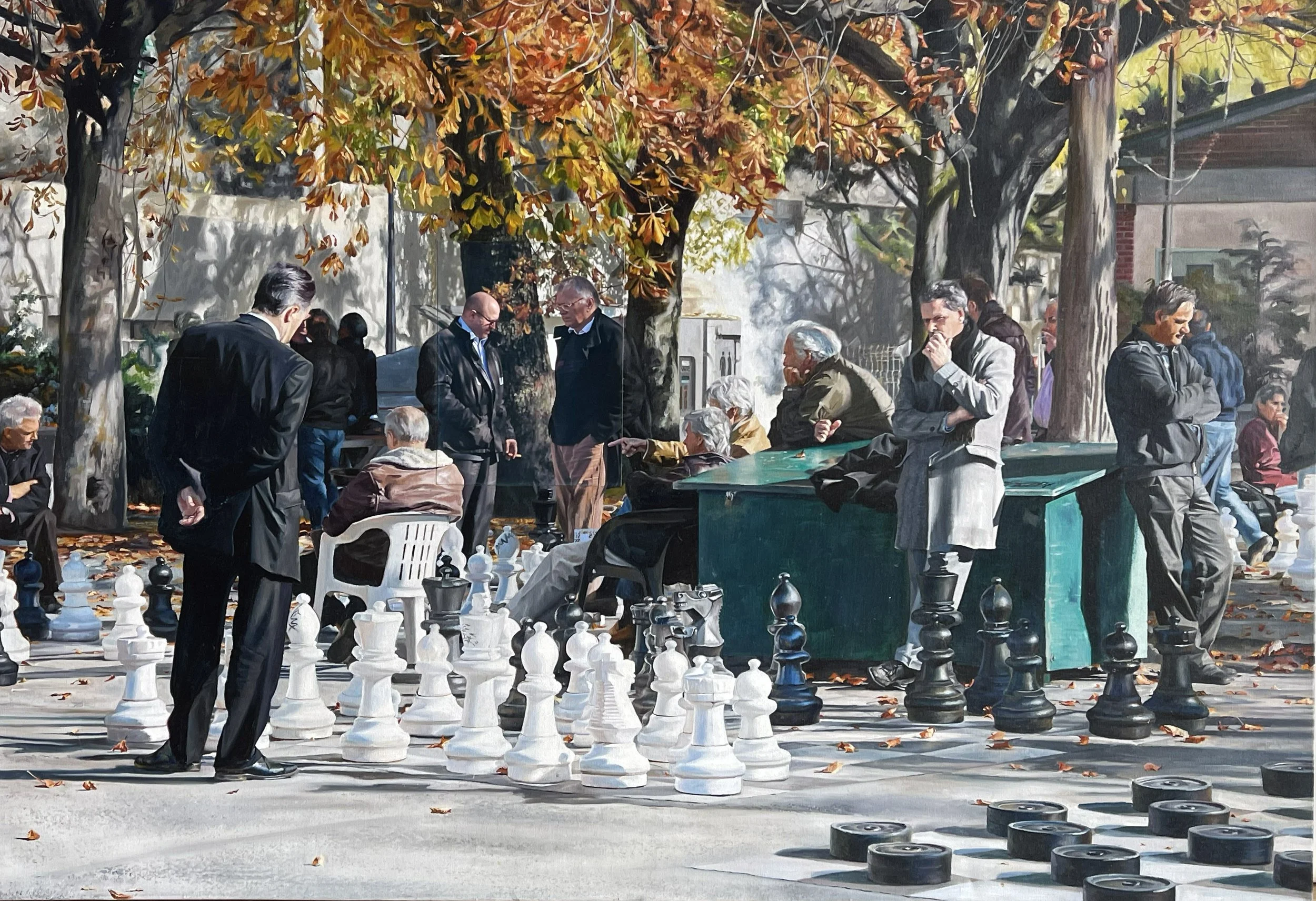 "A Game of Chess" Geneva, Switzerland  oil on canvas  48in. x 50iin.