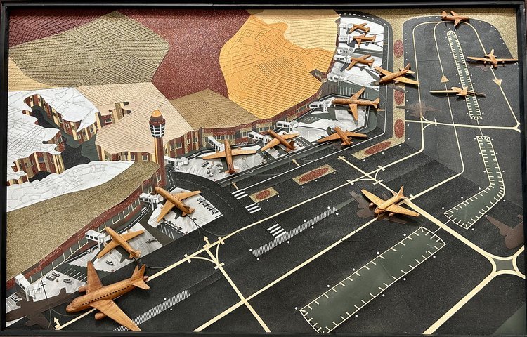 Abel Barroso
Havana International Airport II
Wood airplanes, collage, sandpaper 2019
61.5 x 39 inches