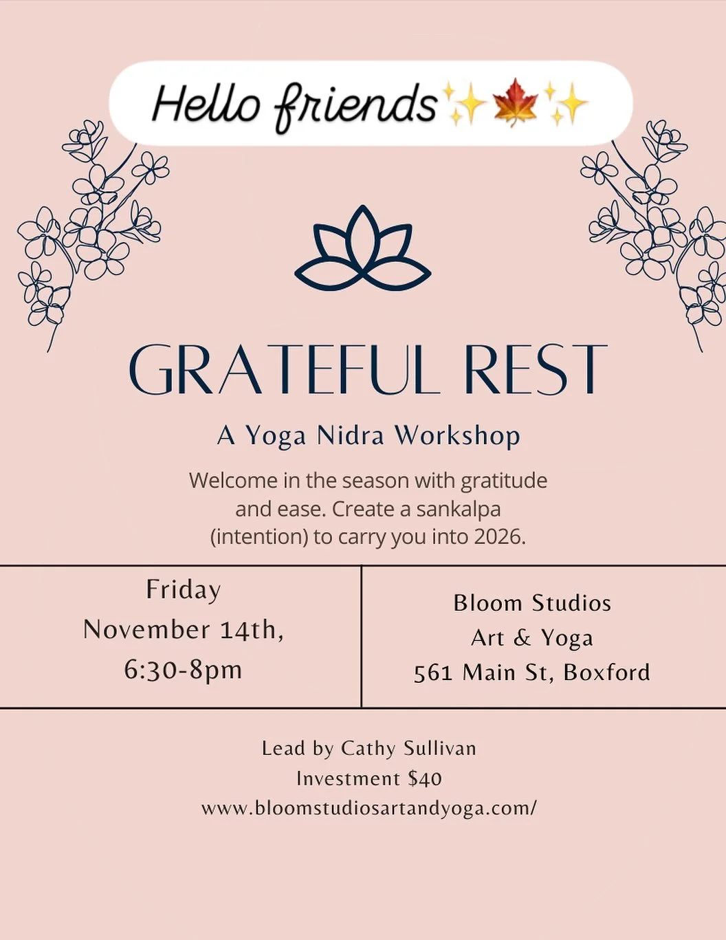 I&rsquo;m sharing the rest love at Bloom Studios. 

This 90-minute gathering will open the heart and calm the mind with gentle movement and breathwork &ndash; so you can settle into the deep rest of Yoga Nidra [a guided meditative technique]. To clos