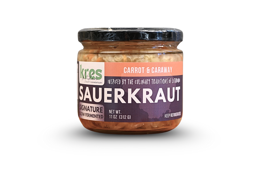 Kres Kitchen Carrot and Caraway Sauerkraut, full jar with label.