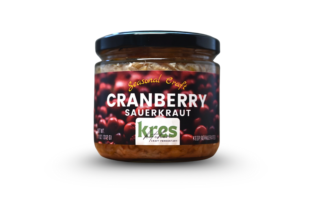 Kres Kitchen Cranberry Sauerkraut, full jar with label.