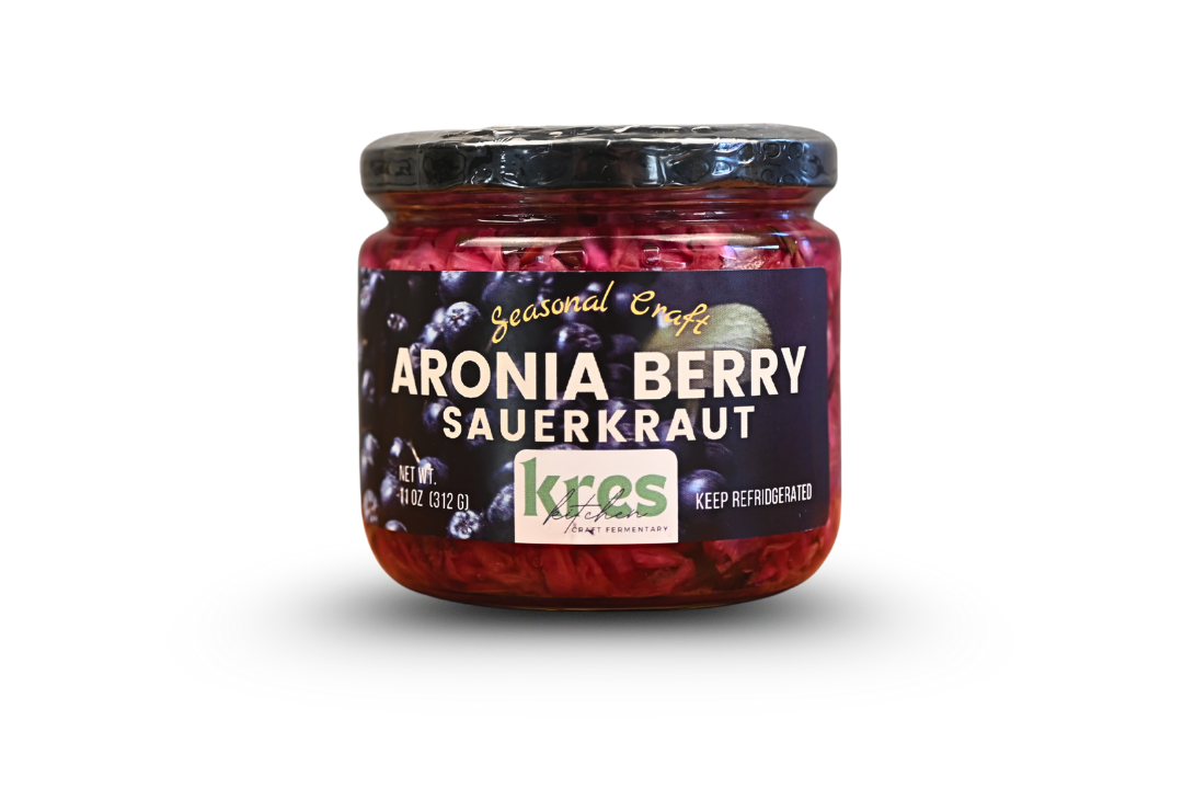 Kres Kitchen Aronia Berry Sauerkraut, full jar with label.
