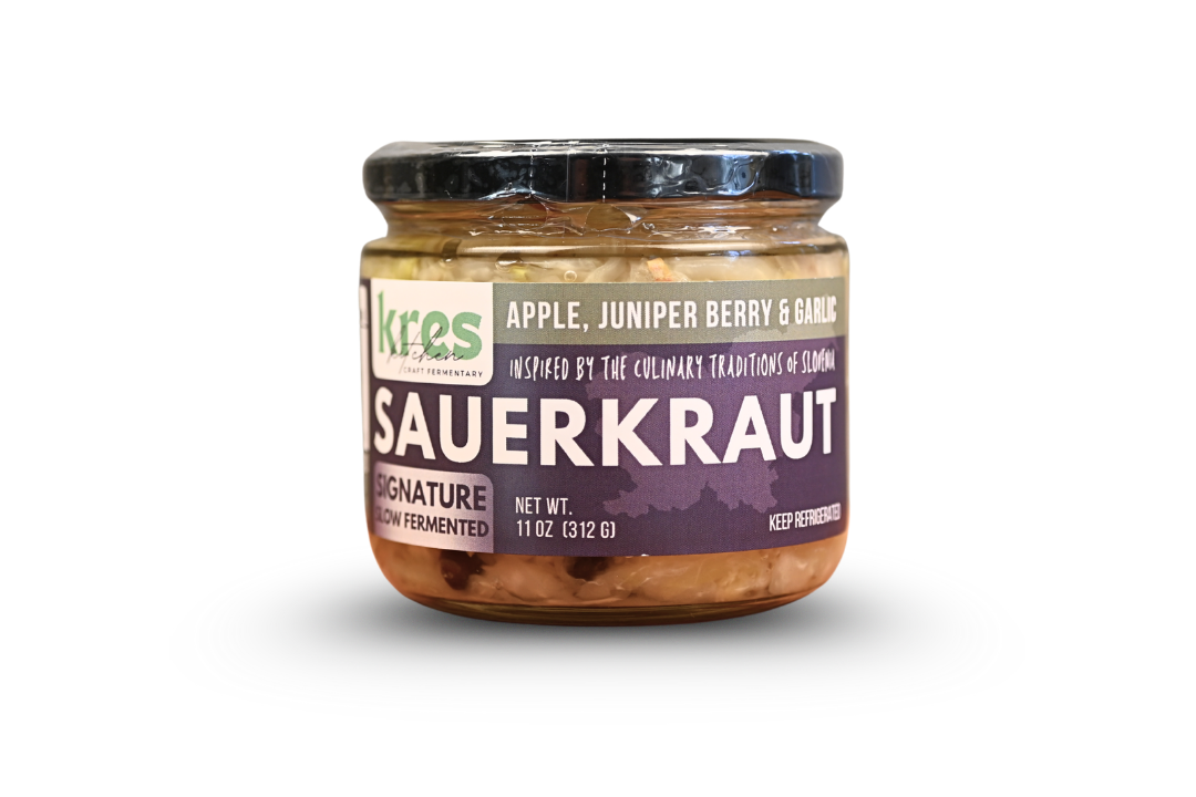 Kres Kitchen Apple, Juniper Berry and Garlic SAVORY Sauerkraut, full jar with label.