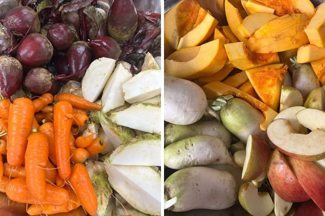 DOGGO ingredients: on the left showing cleaned and rough chopped beets, carrots and celery root. On the right showing cleaned and rough chopped pumpkin, winter radish and apple.